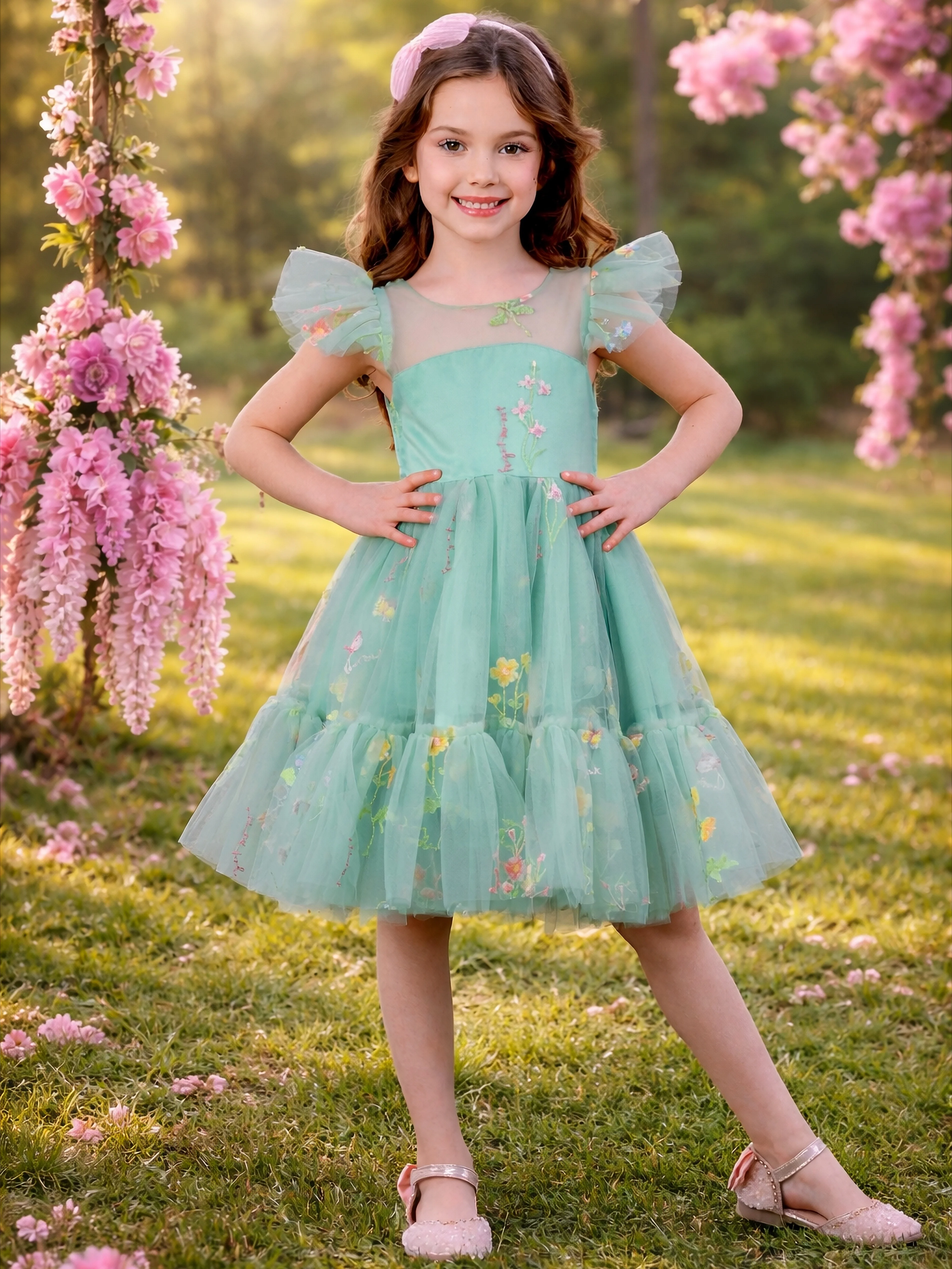 Emerald Fairy Garden Embroidered Floral Tutu Dress - Image 5