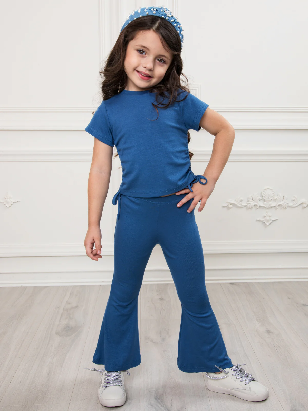 Everyday Stretch Blue Side-Ruched Tee & Flare Pant Set - Image 2