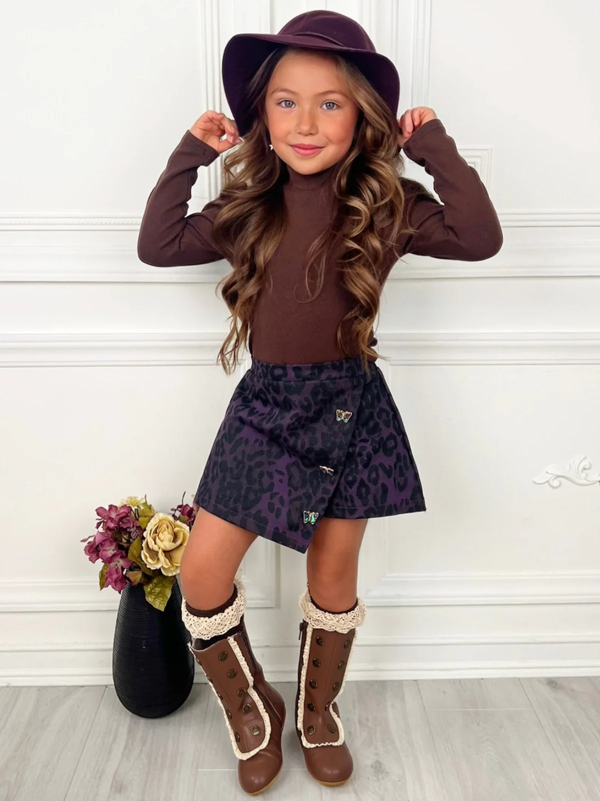 Fall Brown Top & Leopard Denim Skort Set - Image 2
