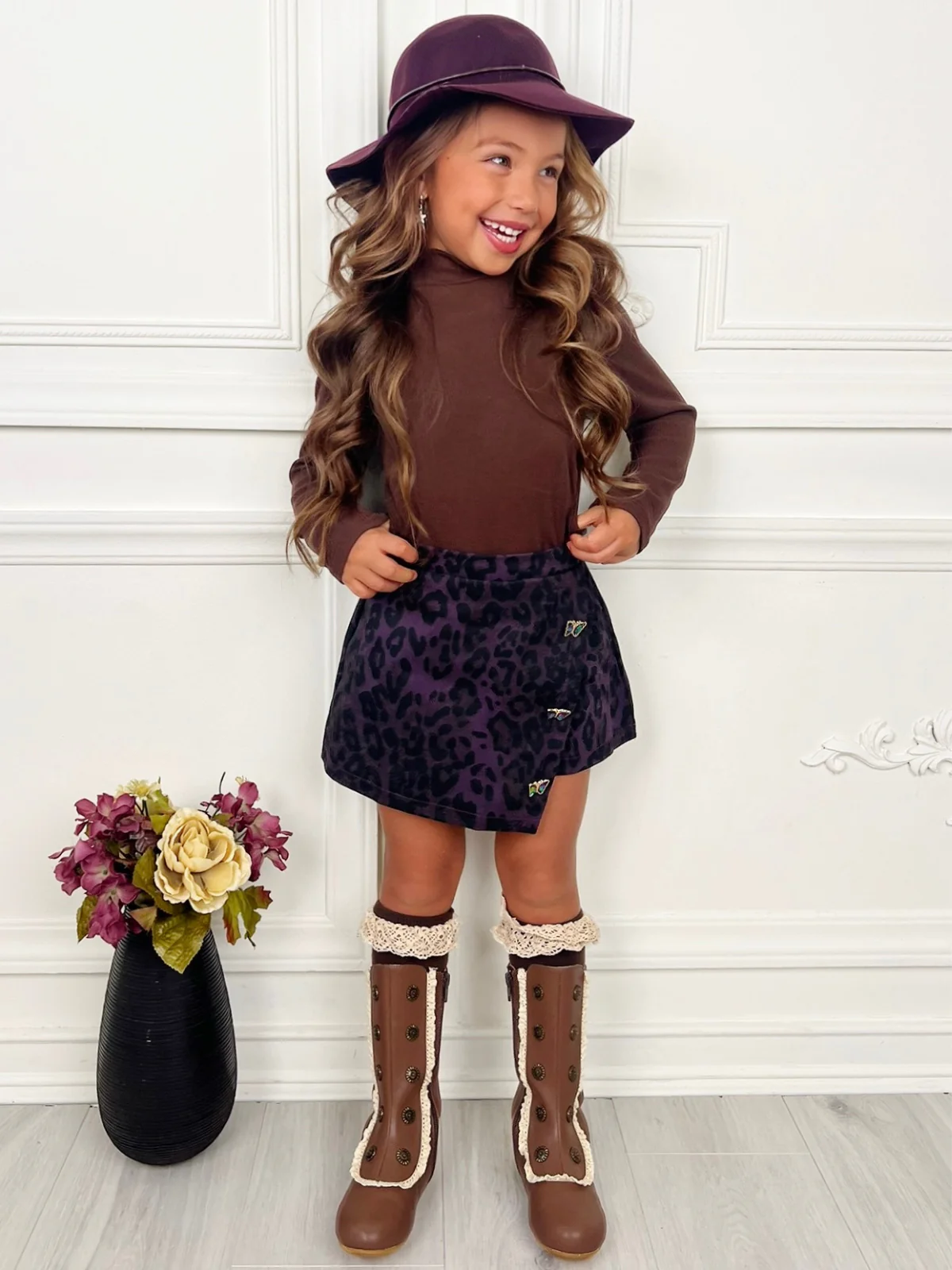 Fall Brown Top & Leopard Denim Skort Set - Image 3