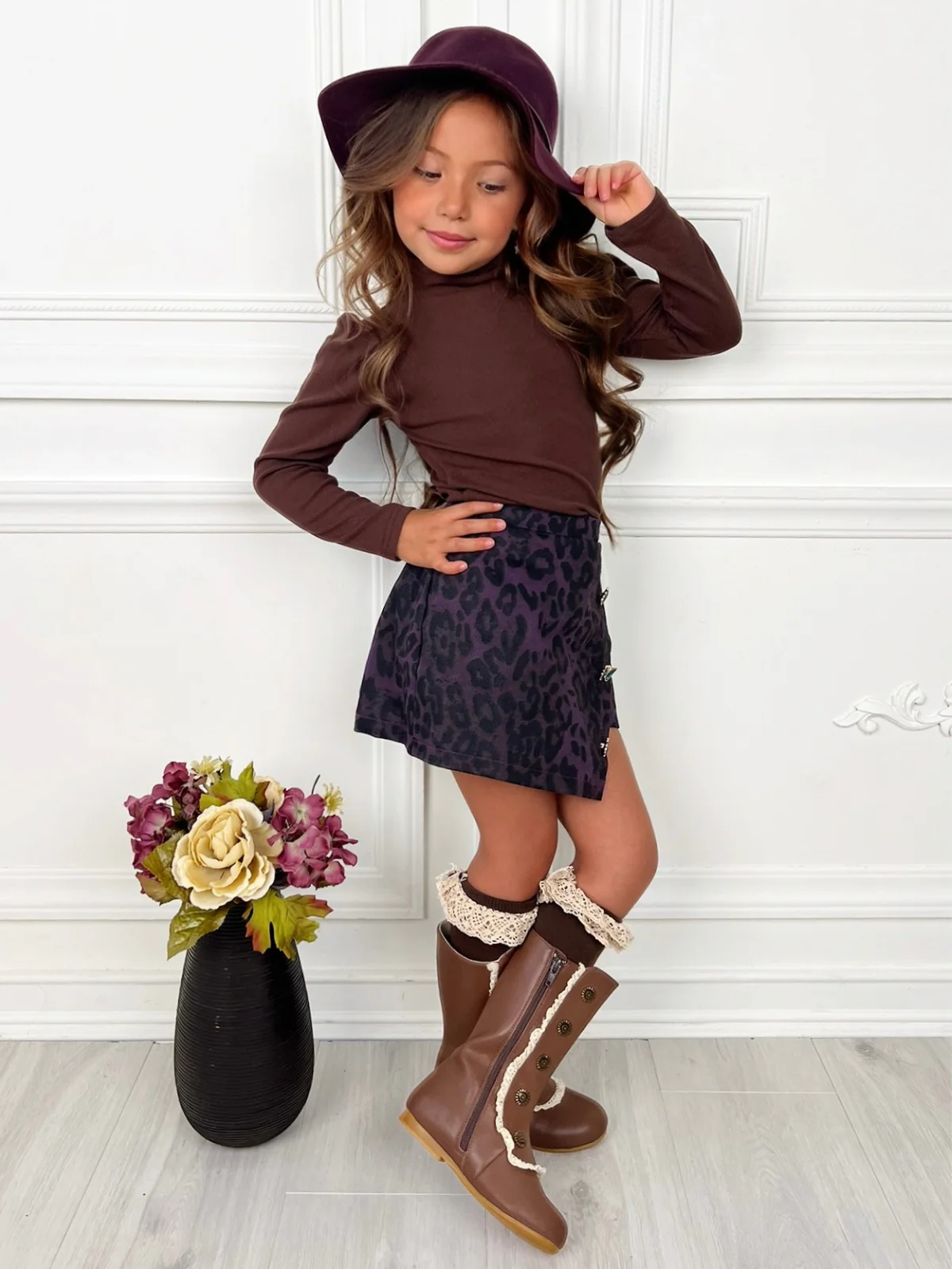 Fall Brown Top & Leopard Denim Skort Set - Image 4