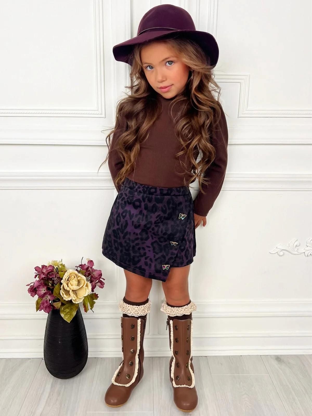 Fall Brown Top & Leopard Denim Skort Set - Image 5