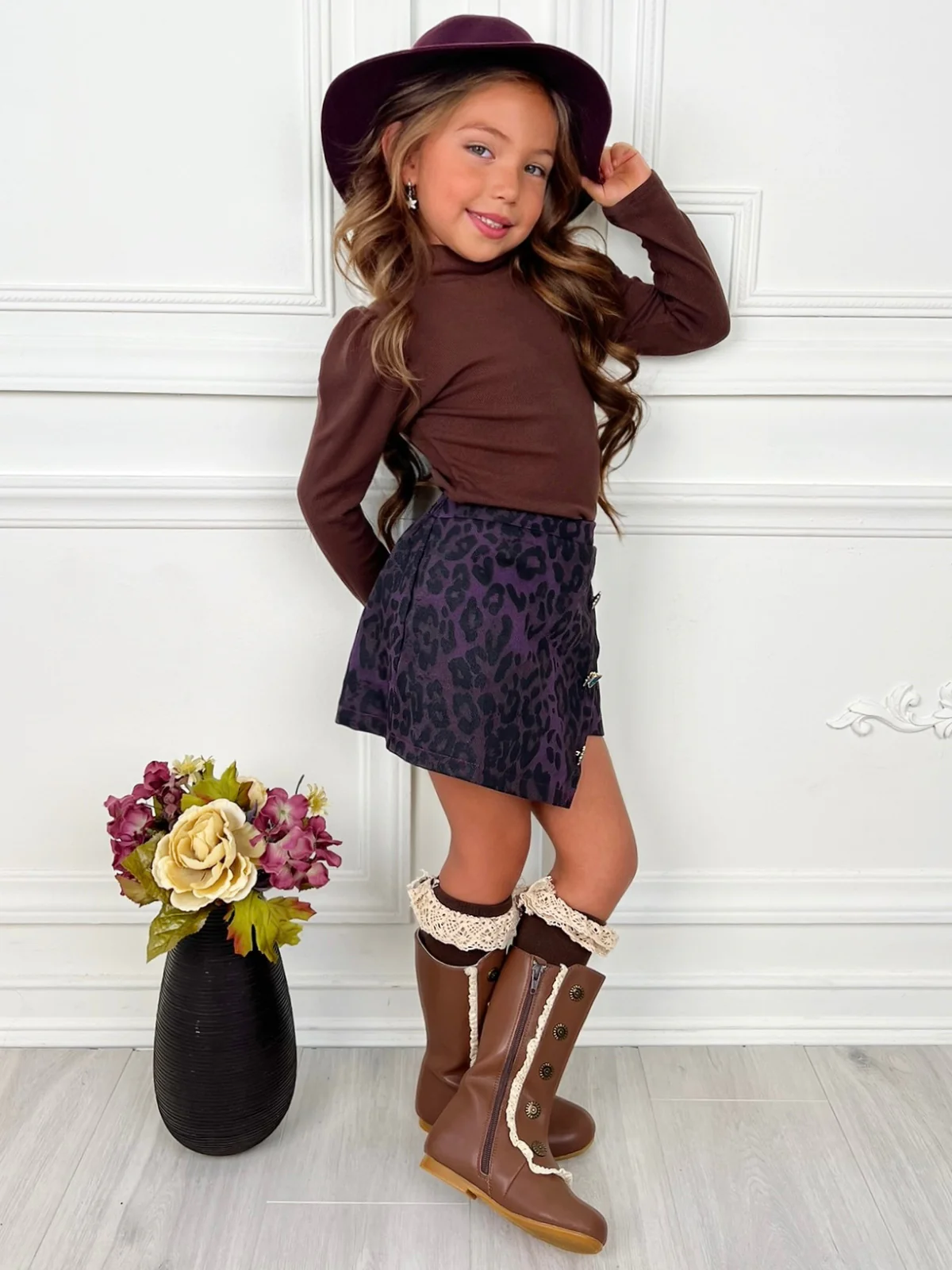 Fall Brown Top & Leopard Denim Skort Set - Image 6