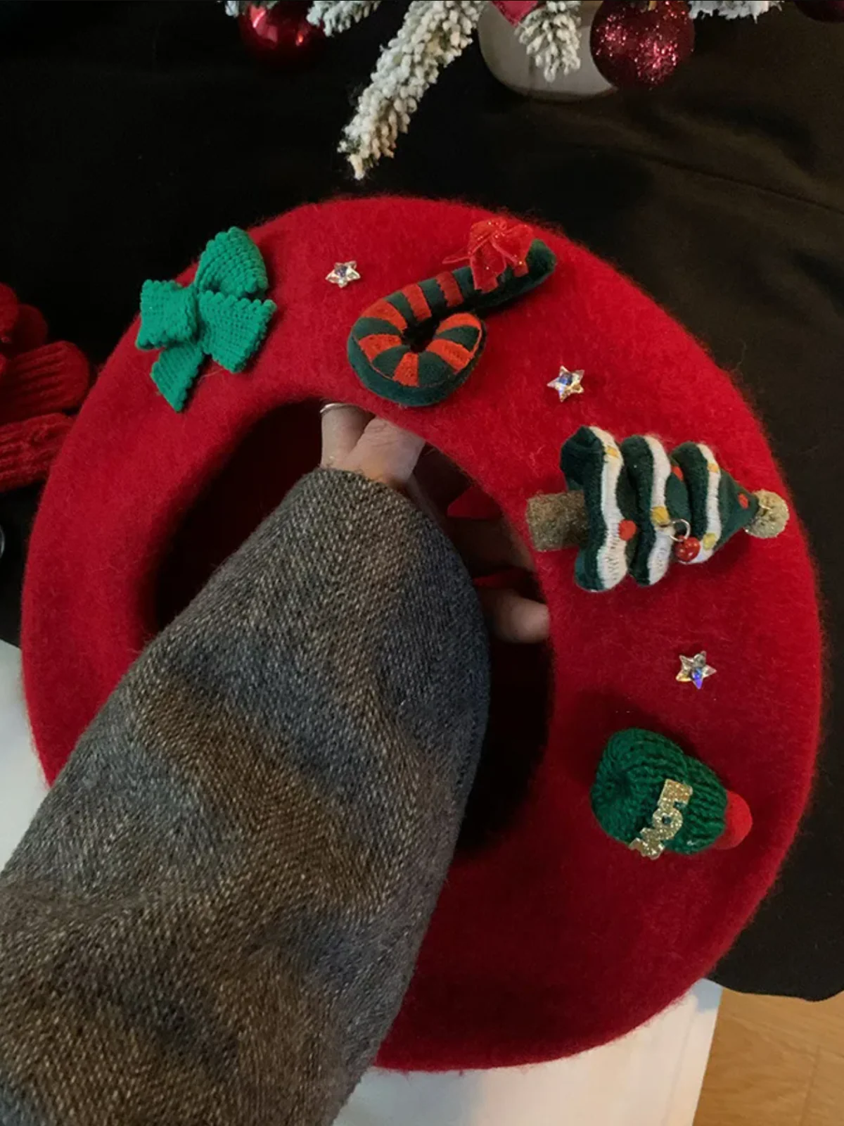 Festive Knit Christmas with Holiday Embellishments Beret - Image 2