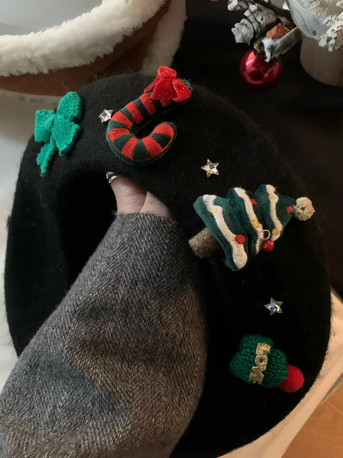 Festive Knit Christmas with Holiday Embellishments Beret - Image 4