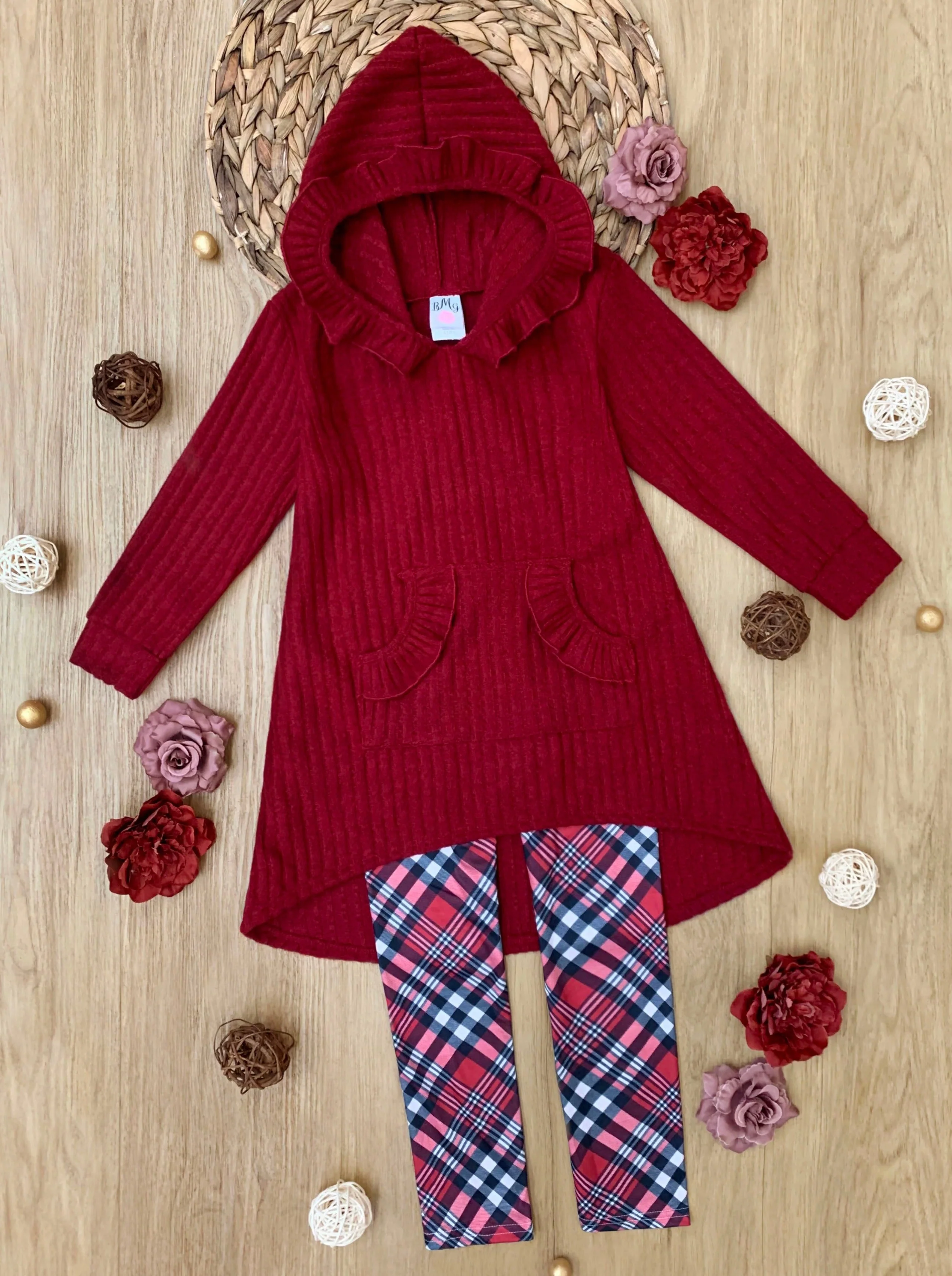 Festive Plaid Girls Hooded Tunic and Legging Set - Image 3
