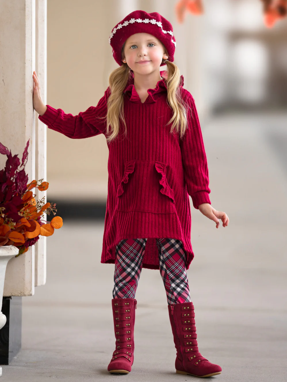 Festive Plaid Girls Hooded Tunic and Legging Set - Image 4