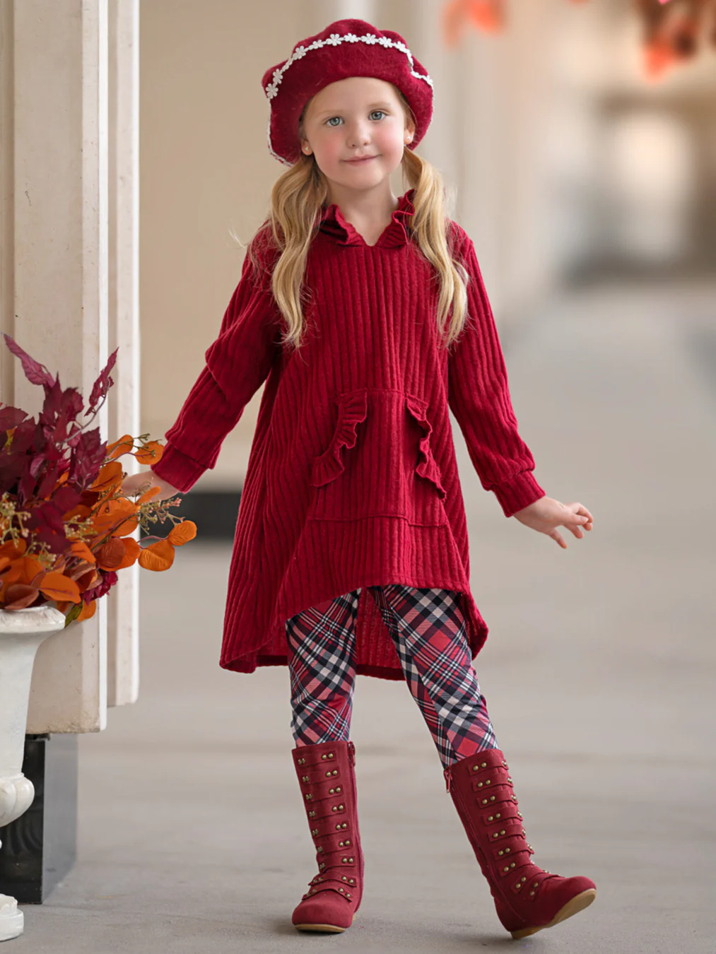 Festive Plaid Girls Hooded Tunic and Legging Set - Image 5