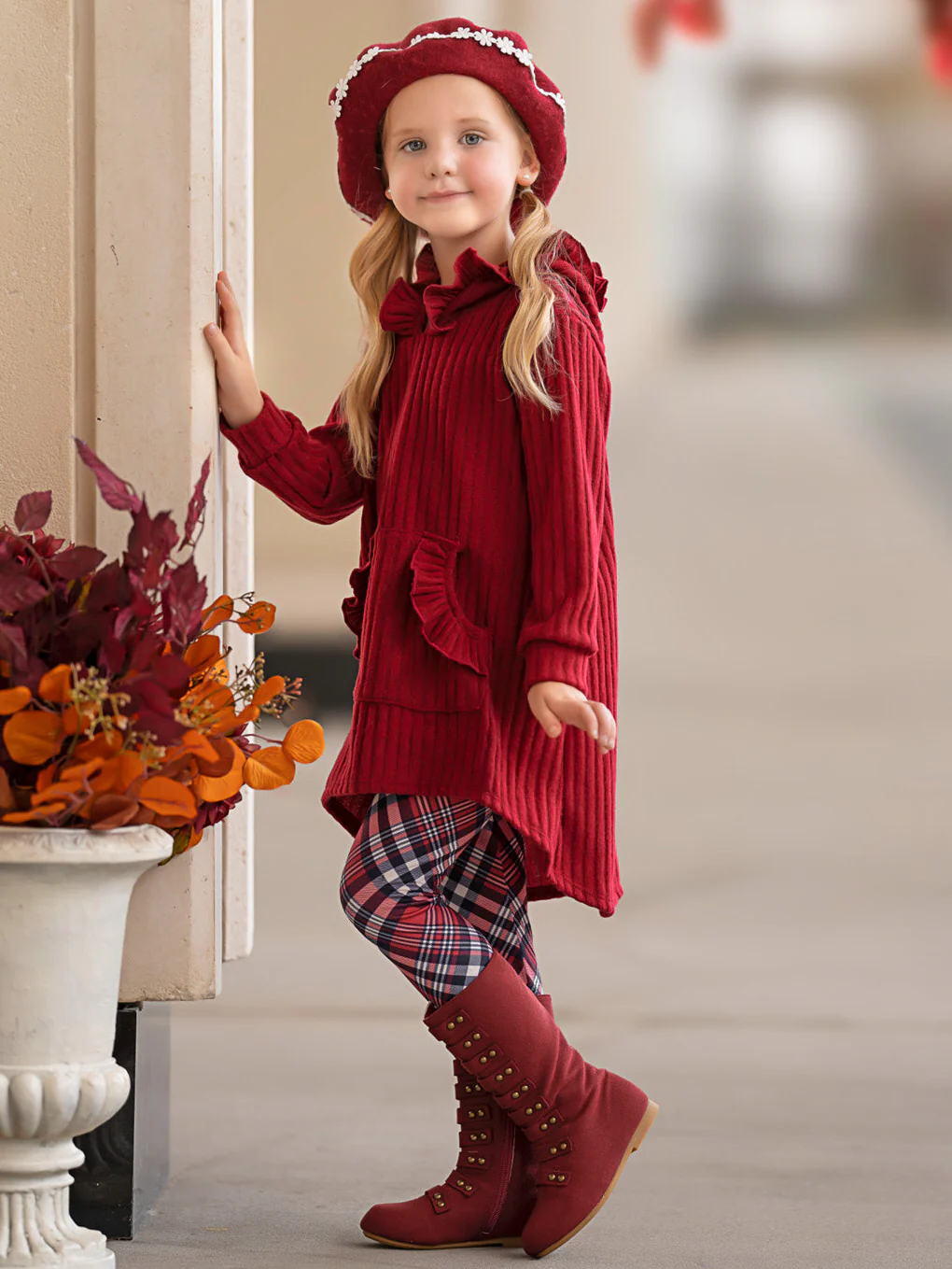 Festive Plaid Girls Hooded Tunic and Legging Set - Image 6