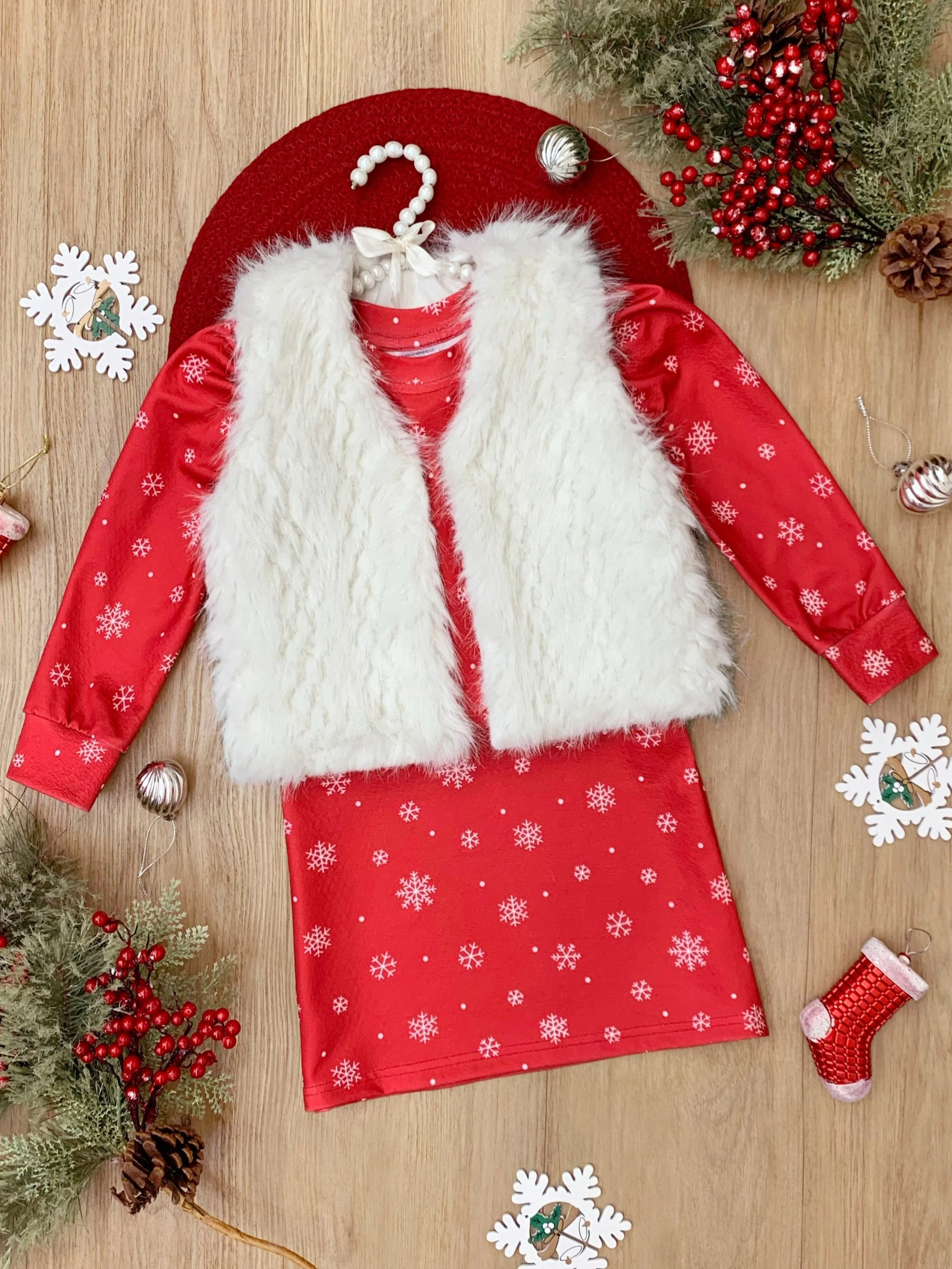 Festive Snowflake Christmas Dress and Faux Fur Vest Set - Image 2