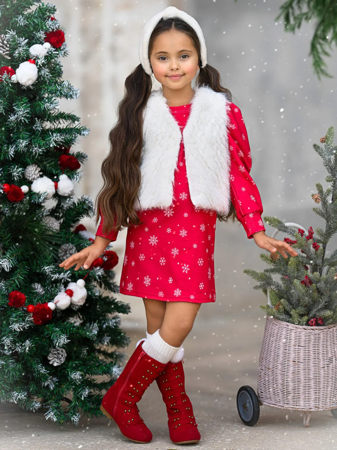 Festive Snowflake Christmas Dress and Faux Fur Vest Set - Image 3