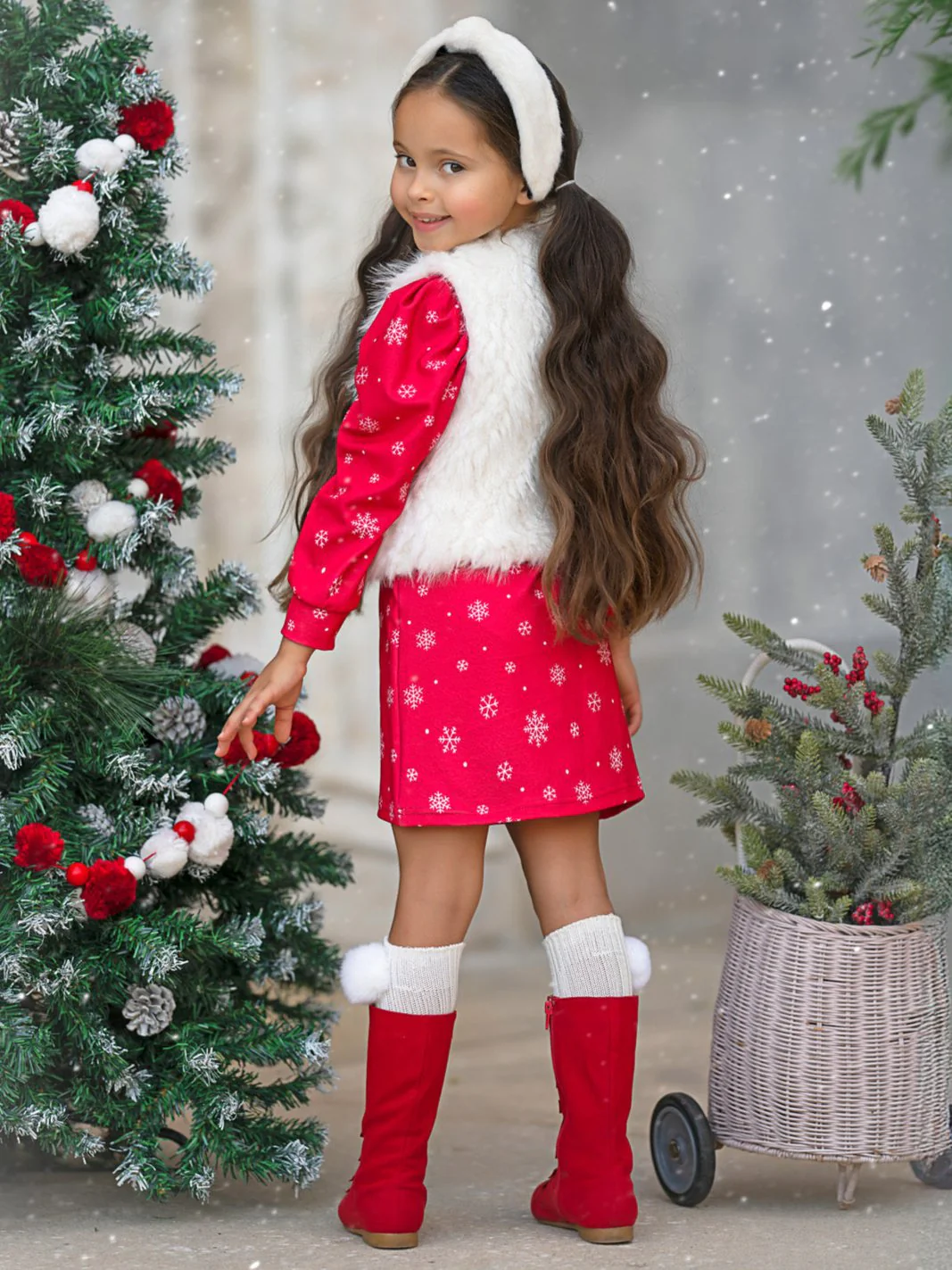 Festive Snowflake Christmas Dress and Faux Fur Vest Set - Image 4
