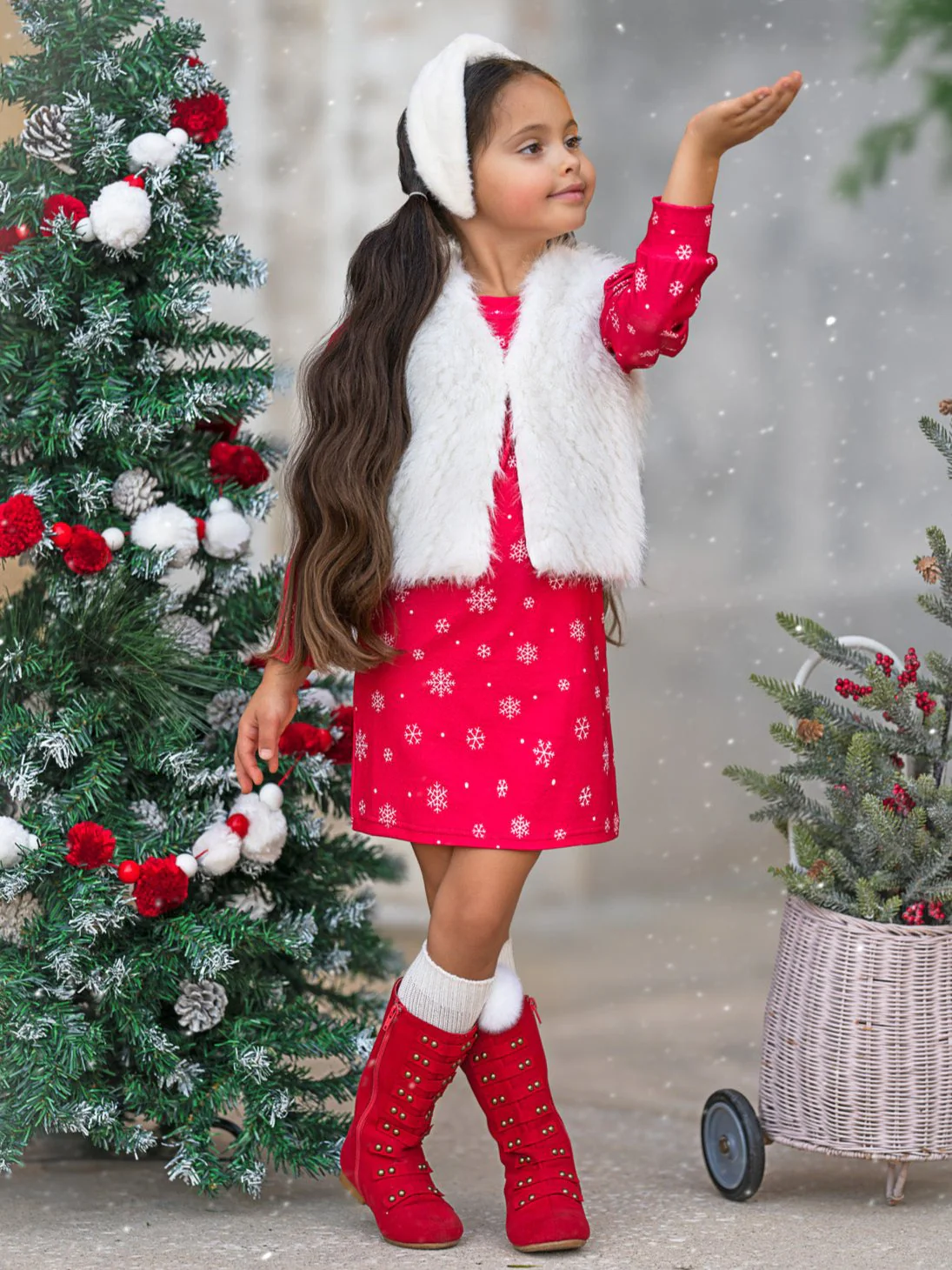 Festive Snowflake Christmas Dress and Faux Fur Vest Set - Image 5