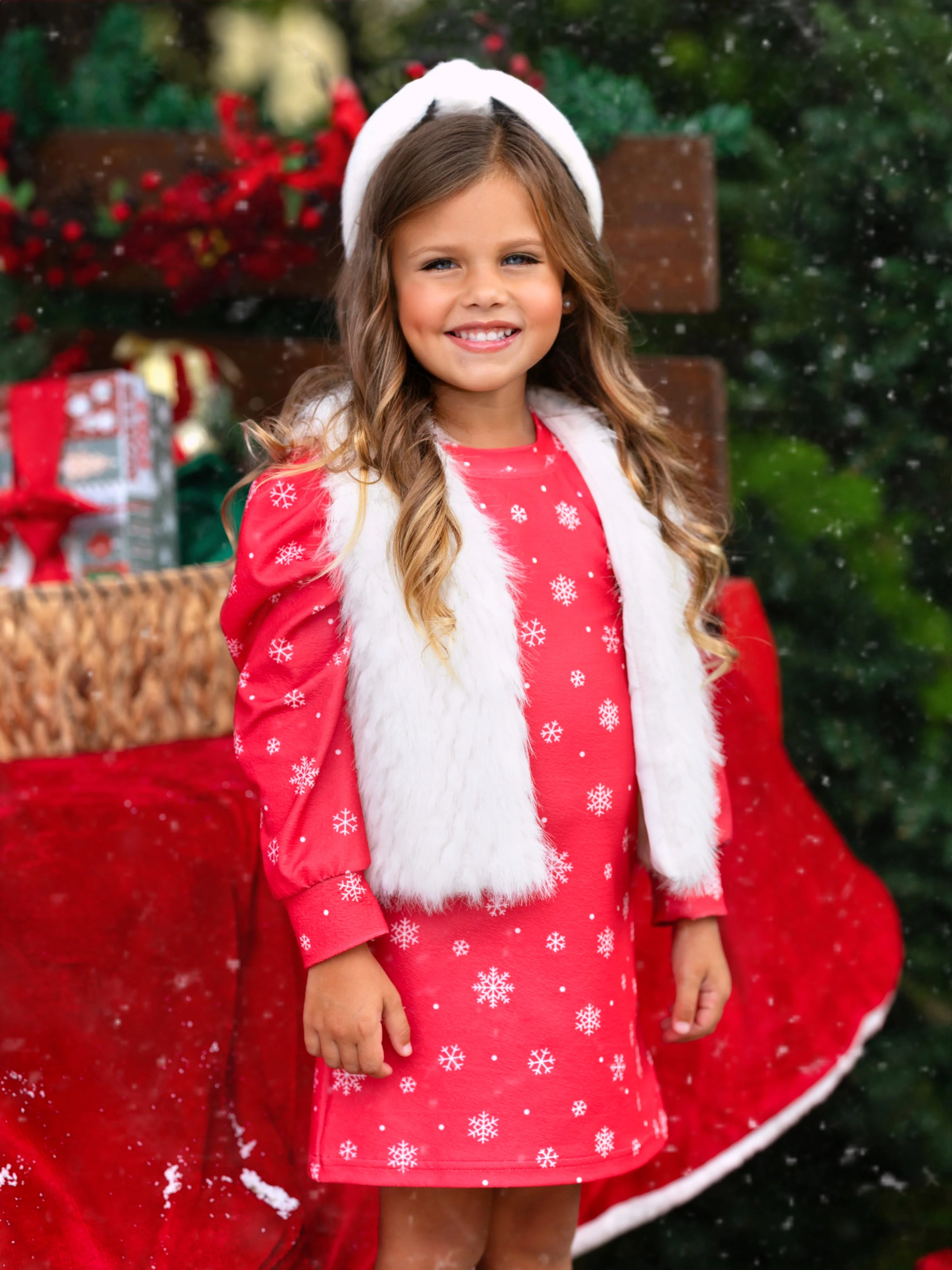 Festive Snowflake Christmas Dress and Faux Fur Vest Set - Image 7