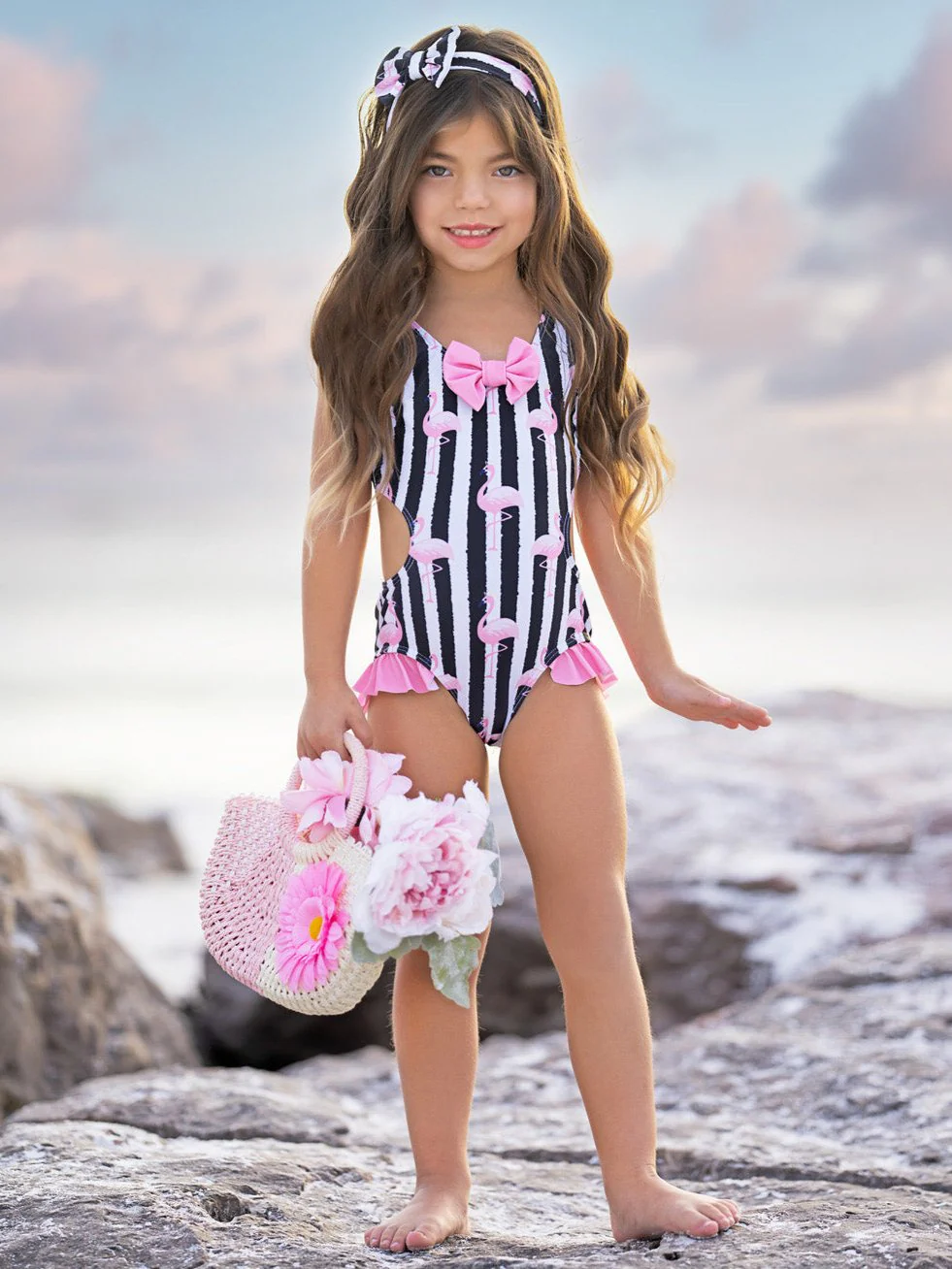 Flamingo Stripes Bow One-Piece Swimsuit - Image 2