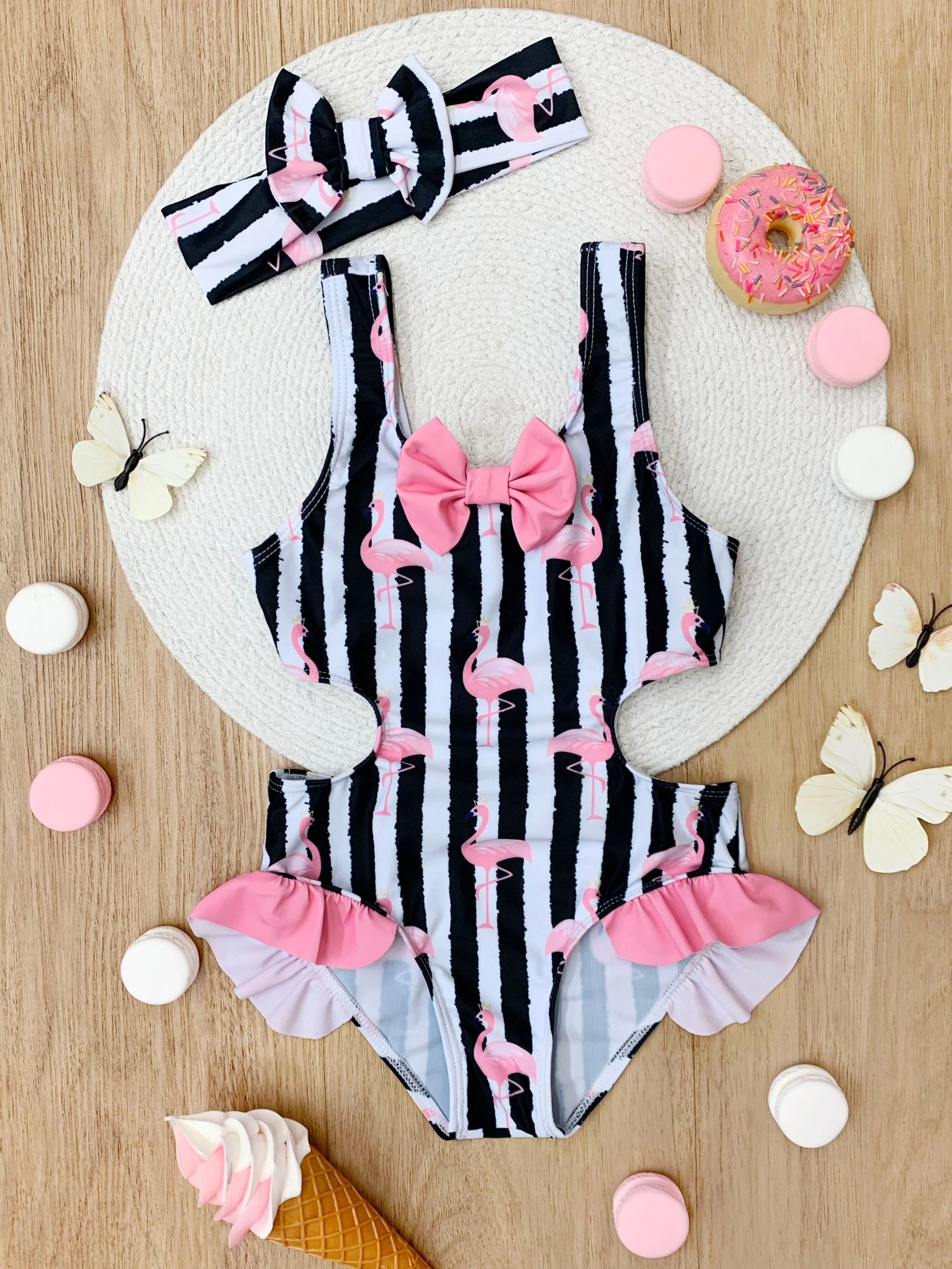 Flamingo Stripes Bow One-Piece Swimsuit - Image 4