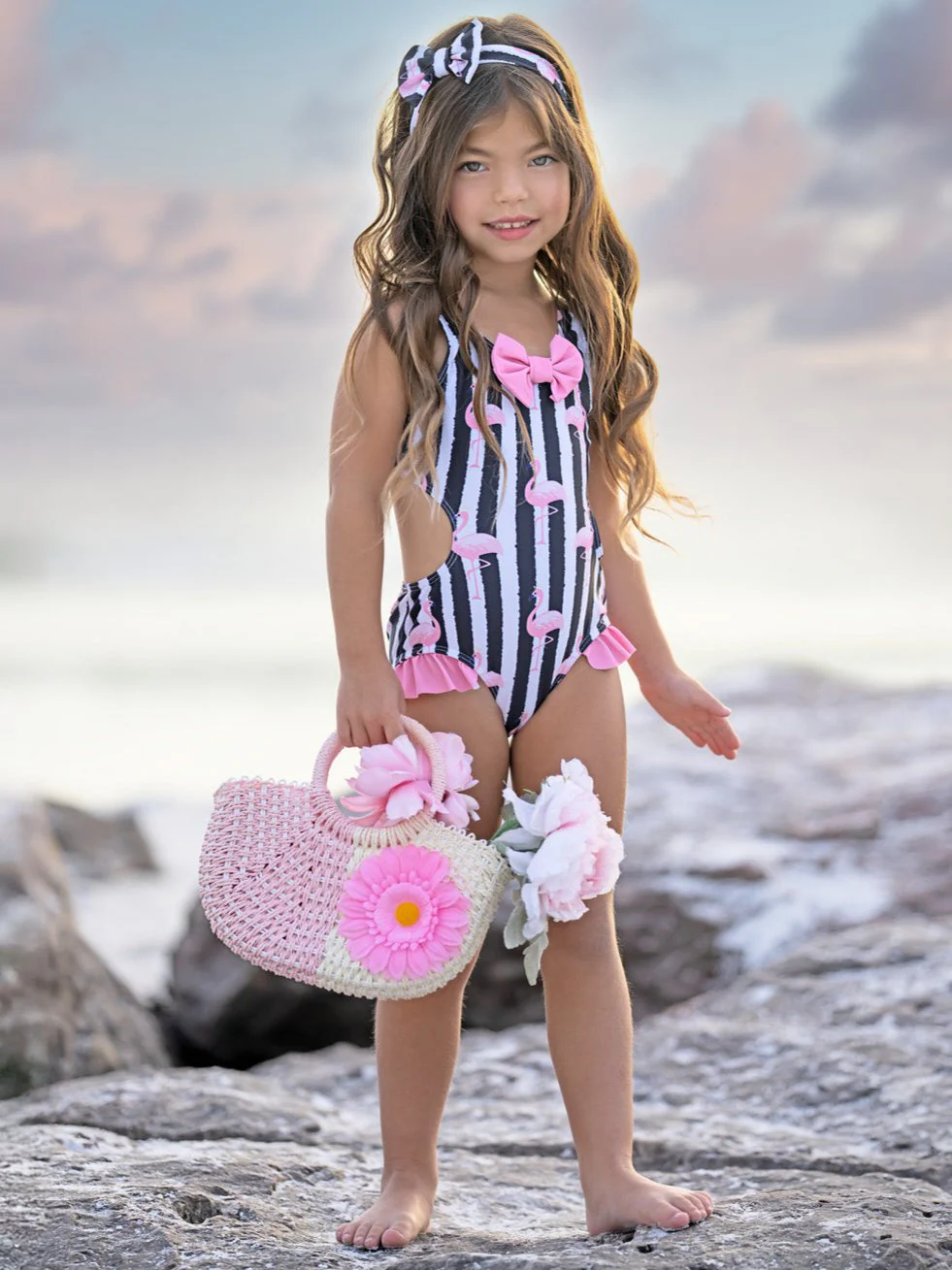 Flamingo Stripes Bow One-Piece Swimsuit - Image 6