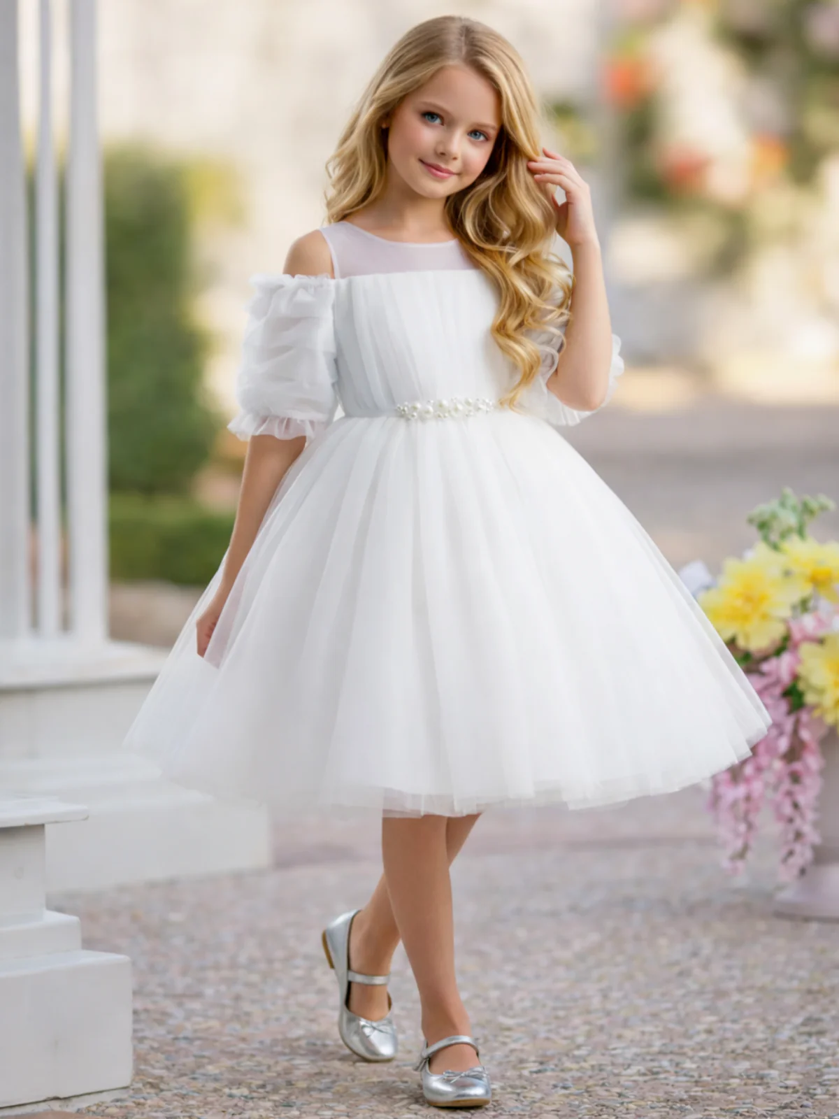 Girls Dazzling Tulle Puff Sleeve Dress - Image 2
