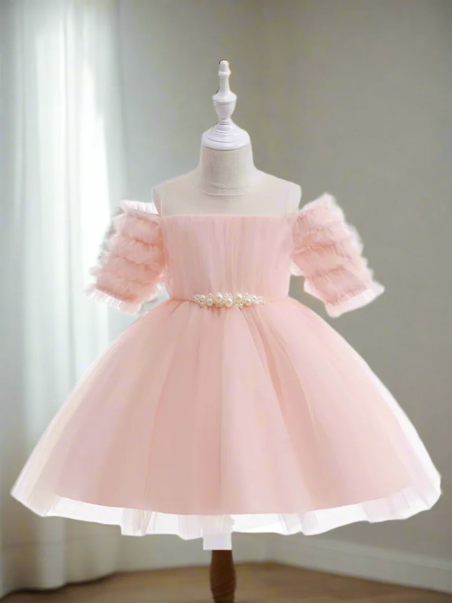 Girls Dazzling Tulle Puff Sleeve Dress - Image 3