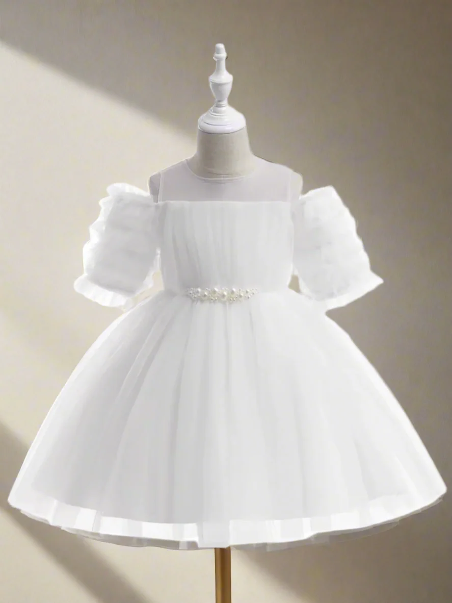 Girls Dazzling Tulle Puff Sleeve Dress - Image 5