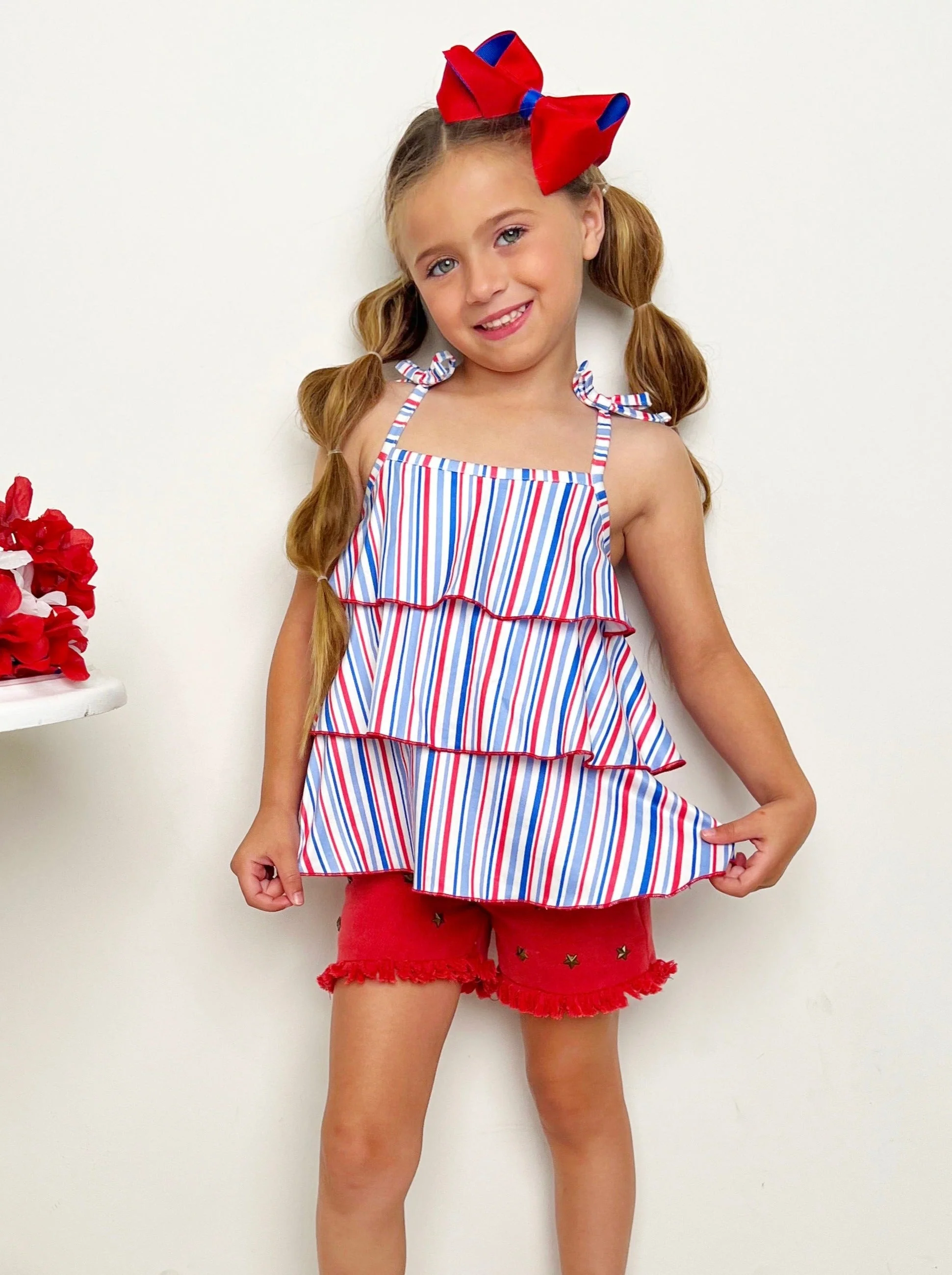 Free To Be Me Striped Top and Frayed Denim Shorts Set - Image 2