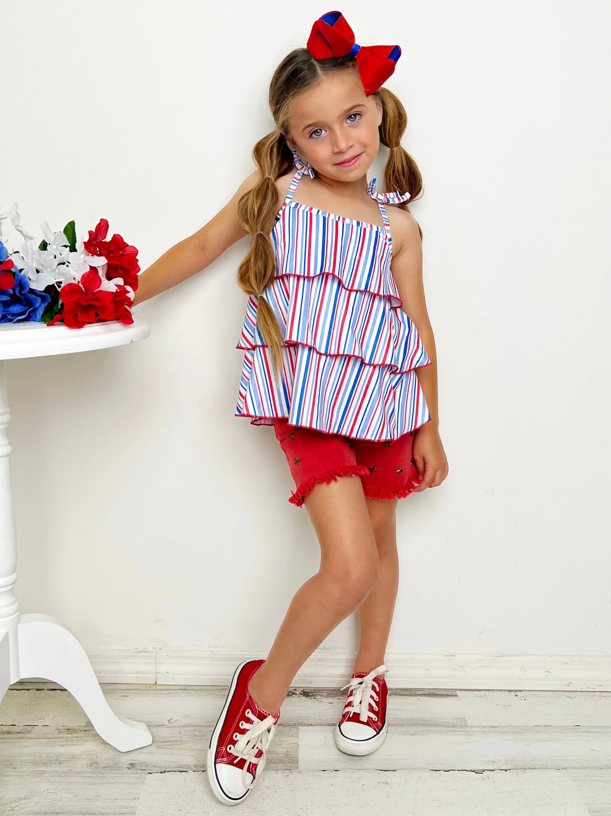 Free To Be Me Striped Top and Frayed Denim Shorts Set - Image 4