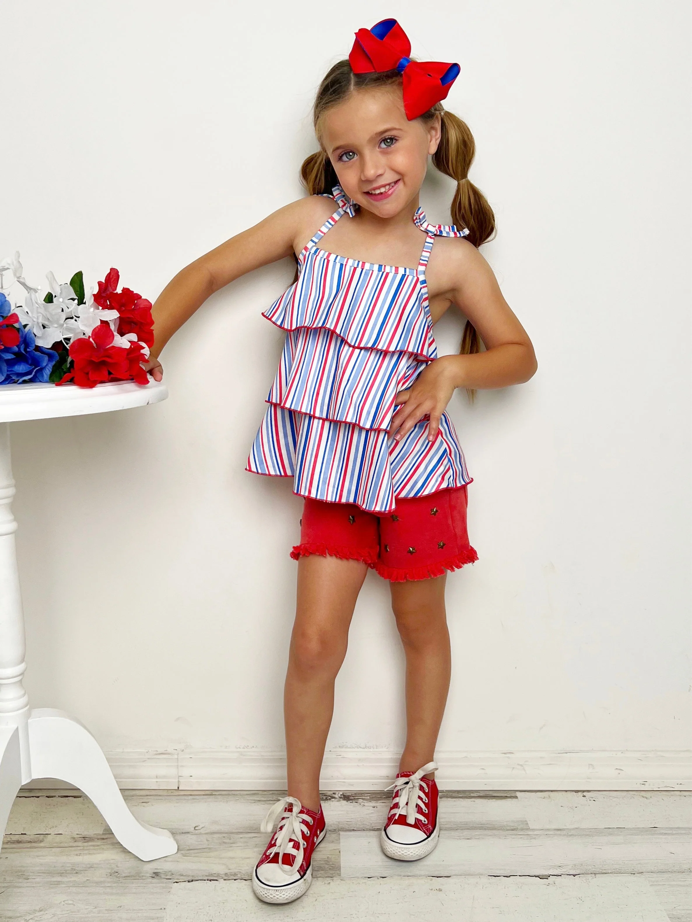 Free To Be Me Striped Top and Frayed Denim Shorts Set - Image 5