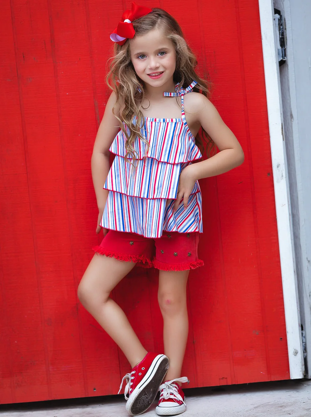 Free To Be Me Striped Top and Frayed Denim Shorts Set - Image 6