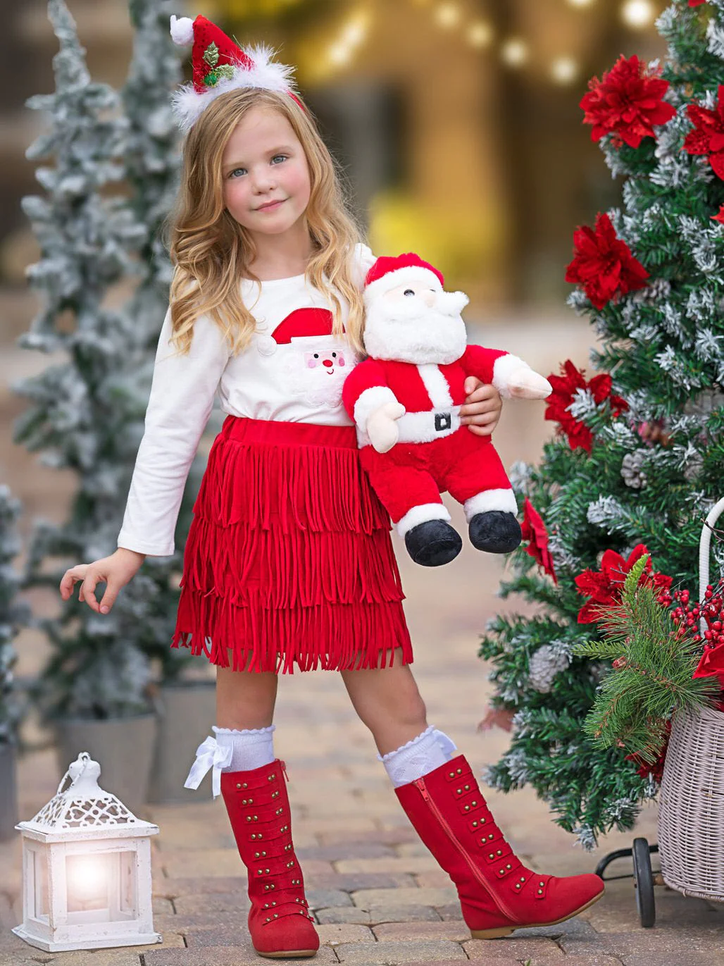 Fabulous Santa Long Sleeve Top and Red Fringe Skirt Set - Image 2