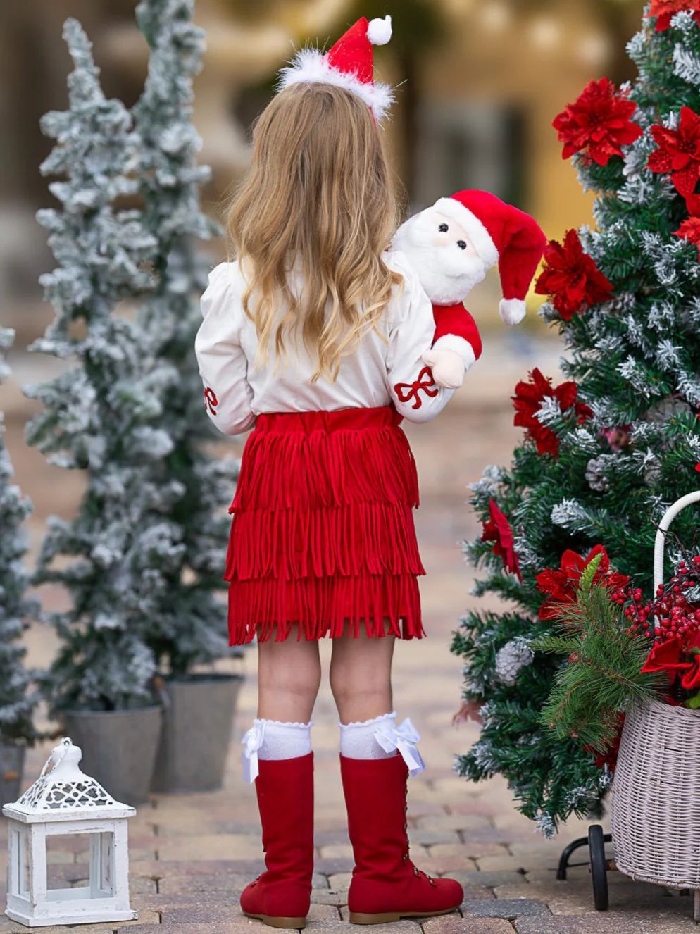 Fabulous Santa Long Sleeve Top and Red Fringe Skirt Set - Image 4