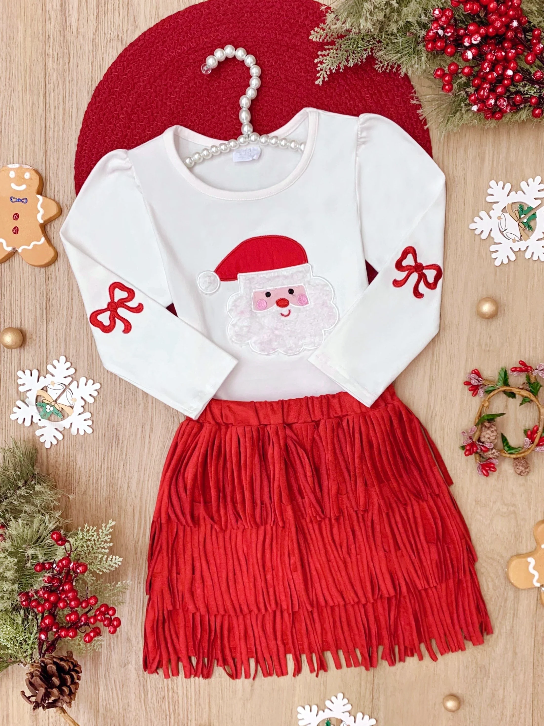 Fabulous Santa Long Sleeve Top and Red Fringe Skirt Set - Image 5