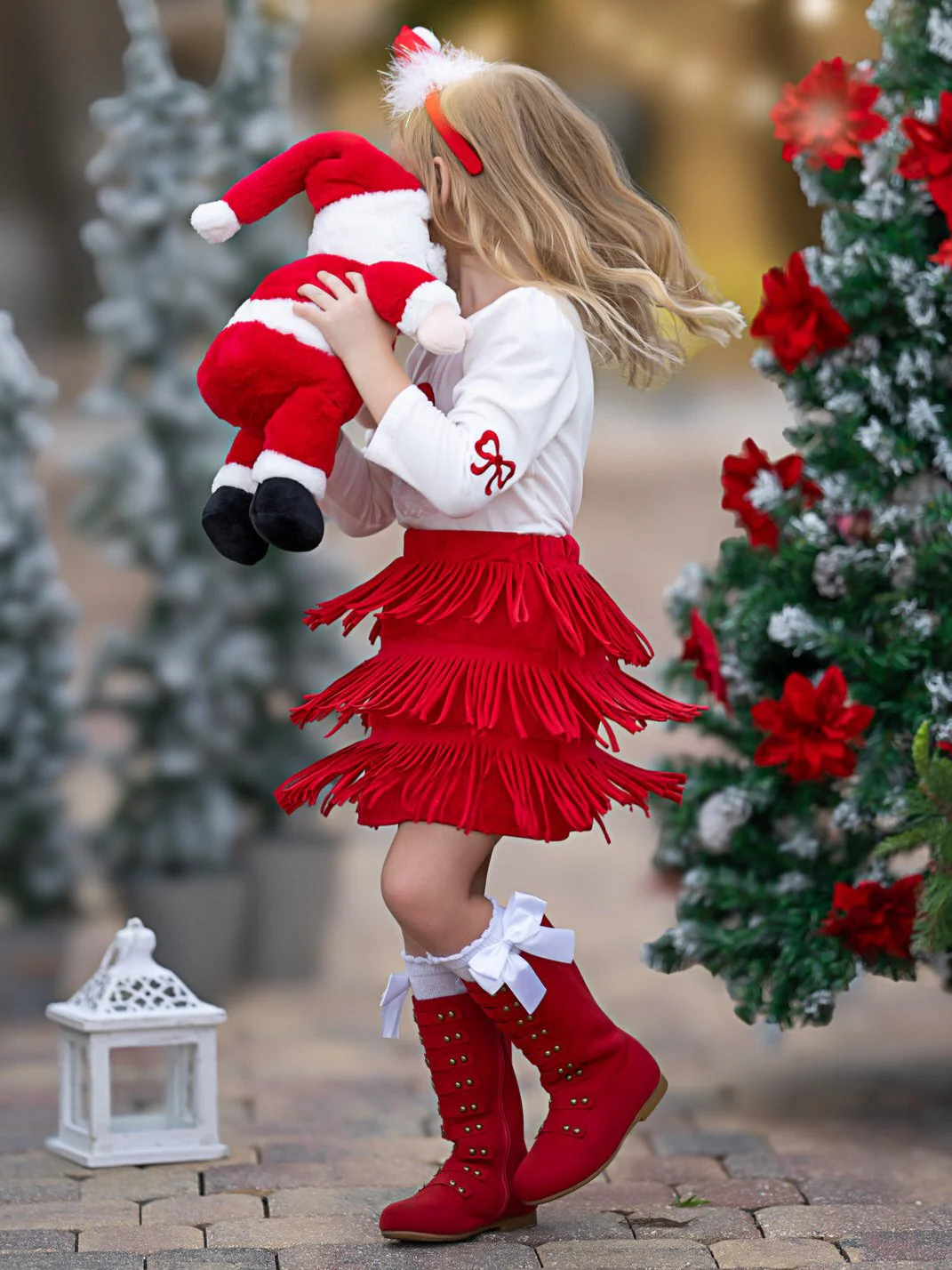 Fabulous Santa Long Sleeve Top and Red Fringe Skirt Set - Image 6