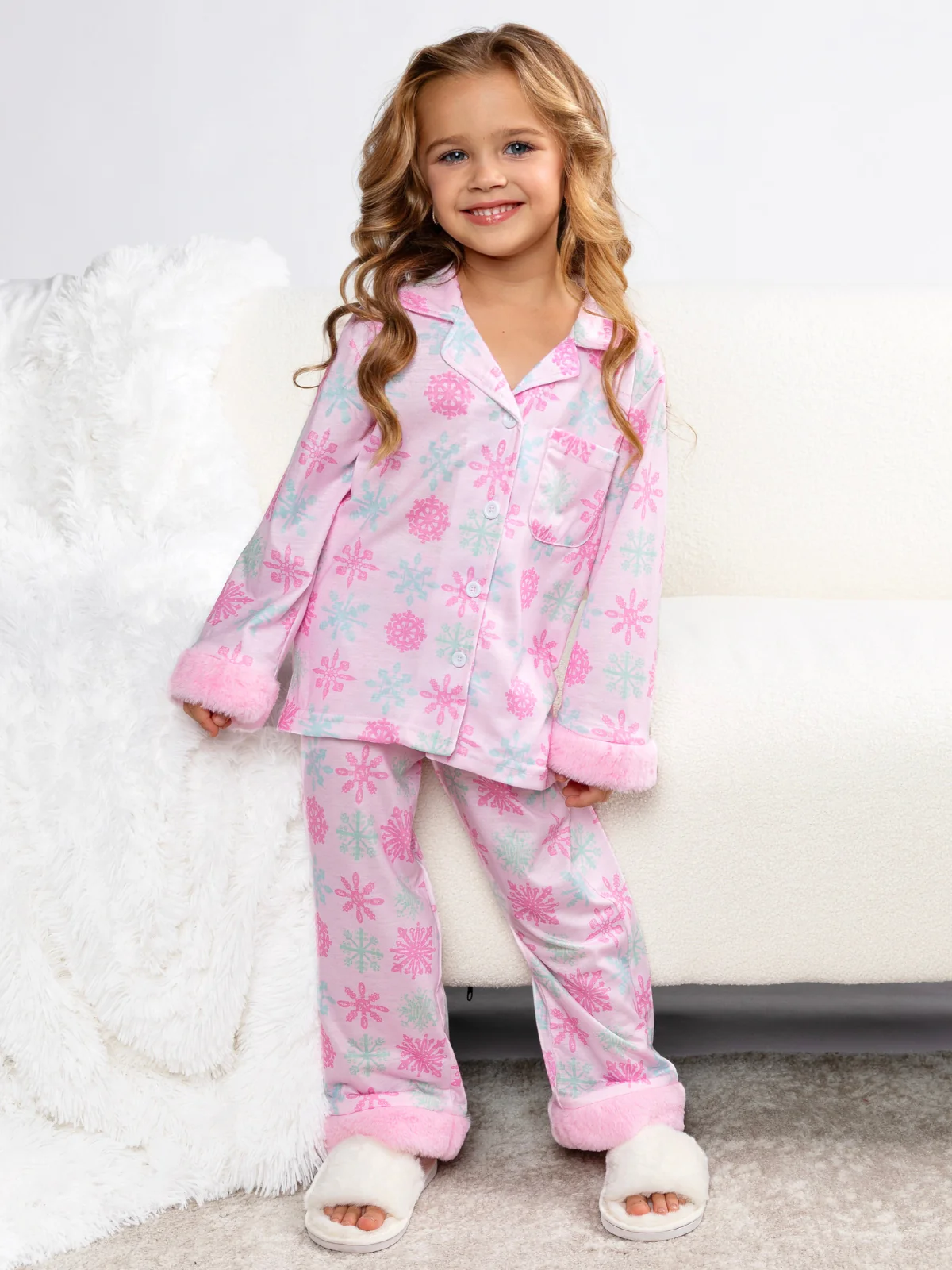 Mommy and Me Frosted Flurries Pink Snowflake Furry Pajama Set - Image 3
