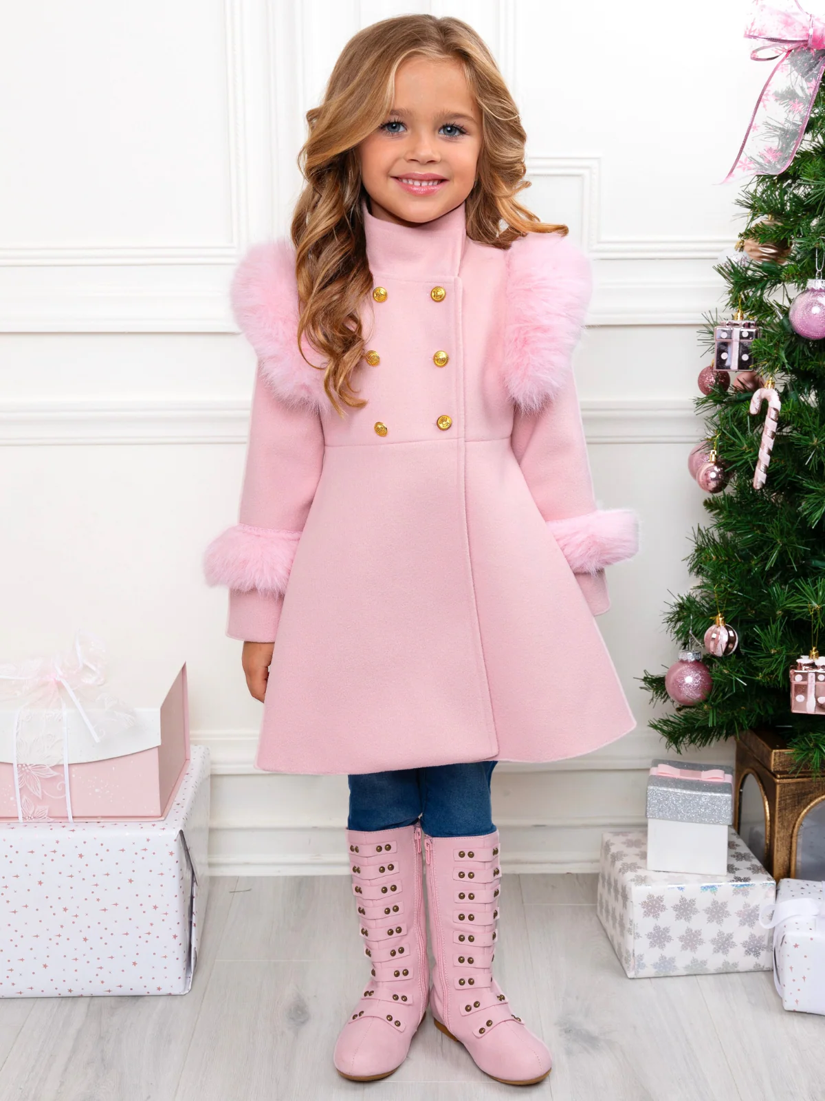 Frosted Princess Pink Fur Trim Dress Coat - Image 2