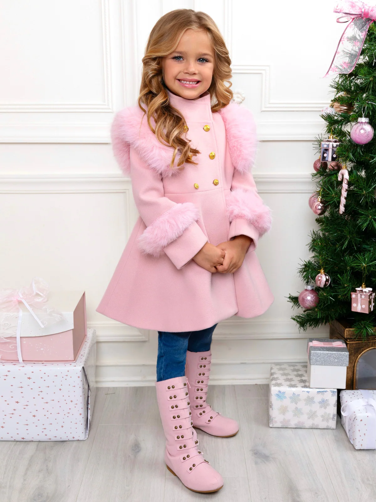 Frosted Princess Pink Fur Trim Dress Coat - Image 5