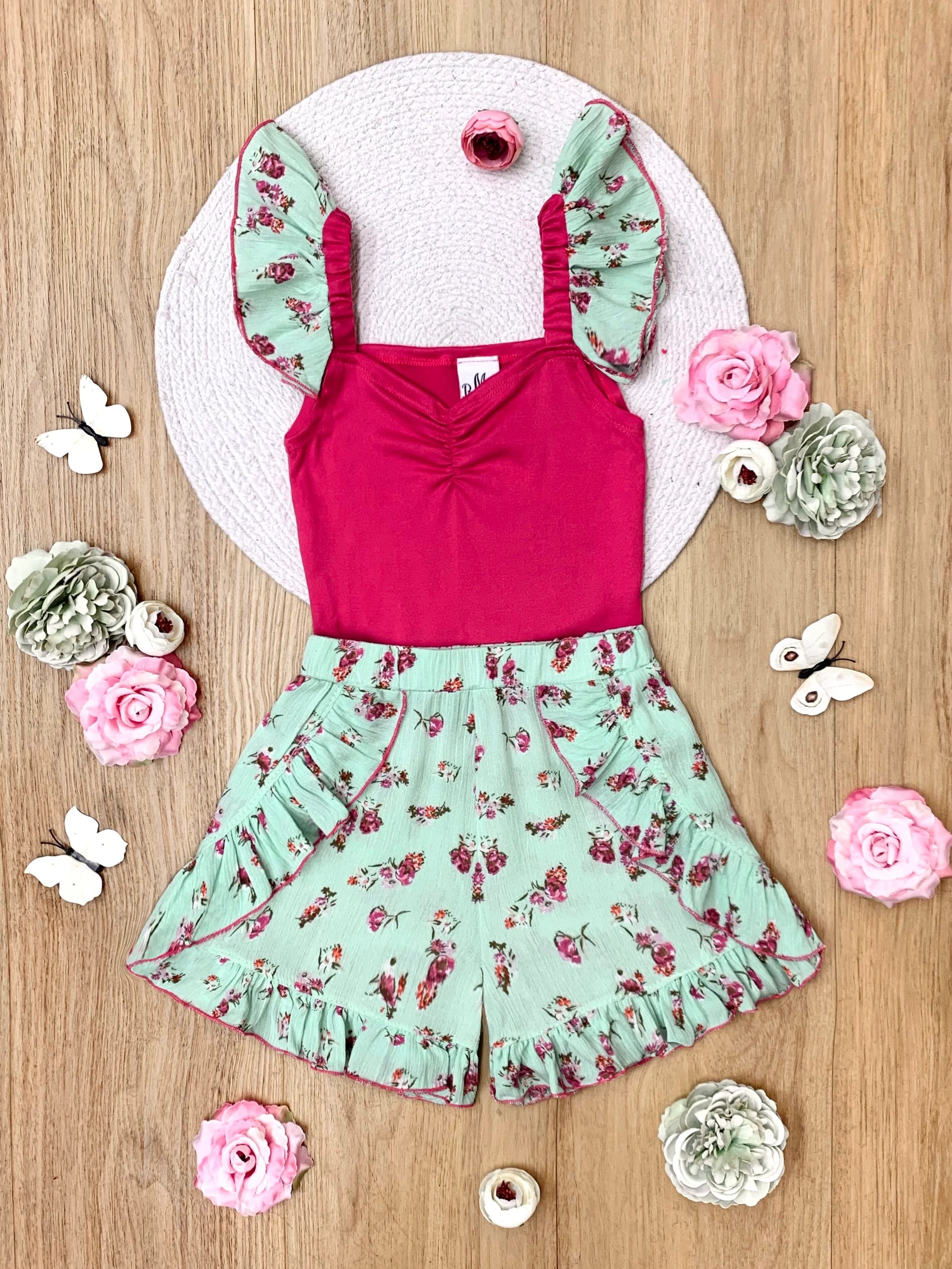 Fuchsia Floral Ruffle Top and Mint Blossom Shorts Set - Image 4