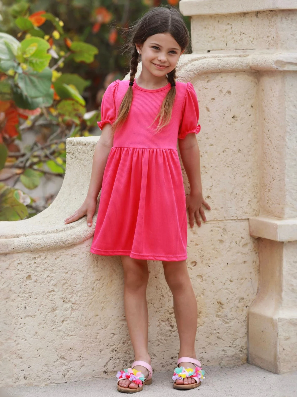 Fuchsia Ribbed Puff Sleeve Everyday Dress - Image 2