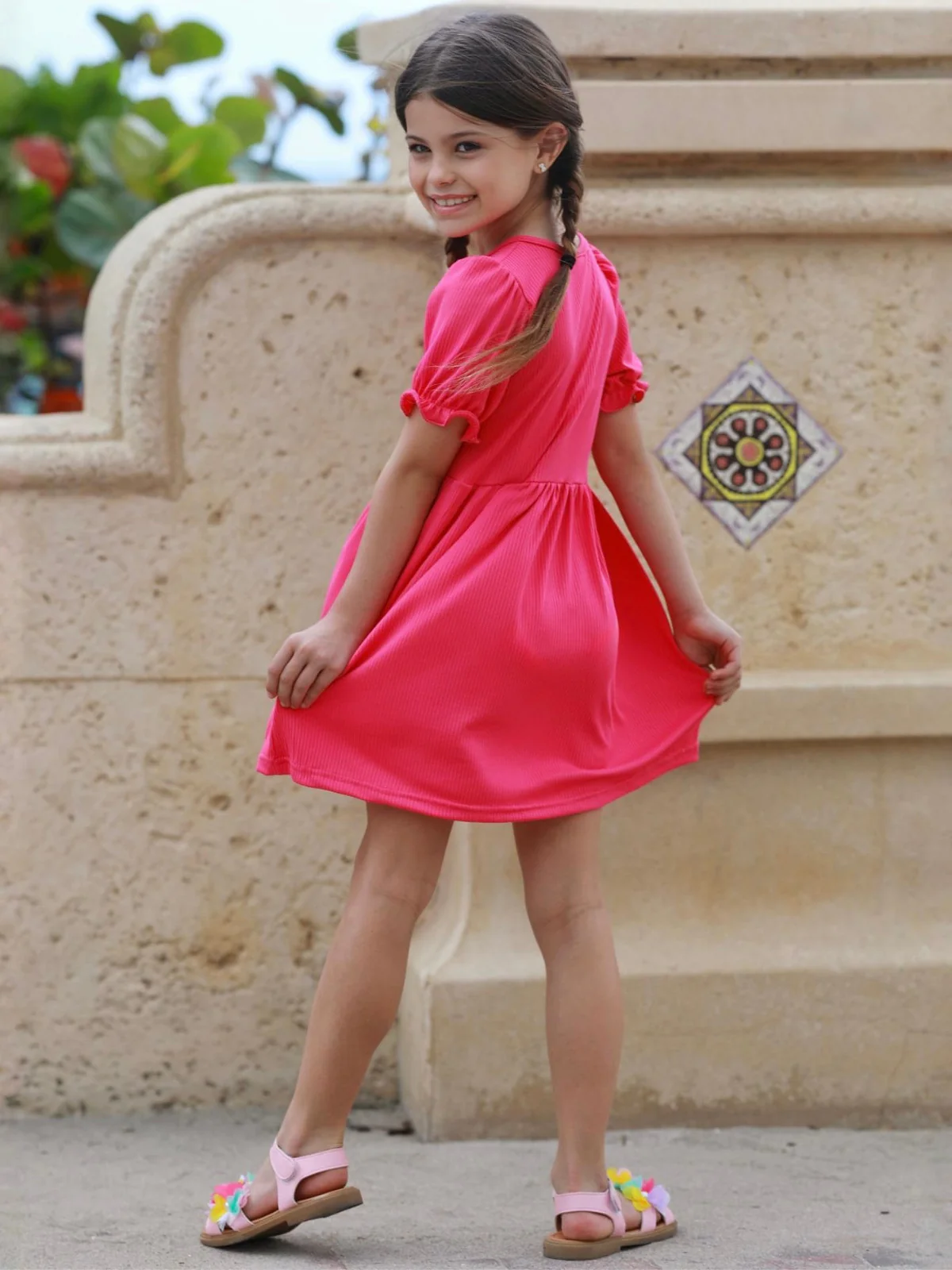Fuchsia Ribbed Puff Sleeve Everyday Dress - Image 3