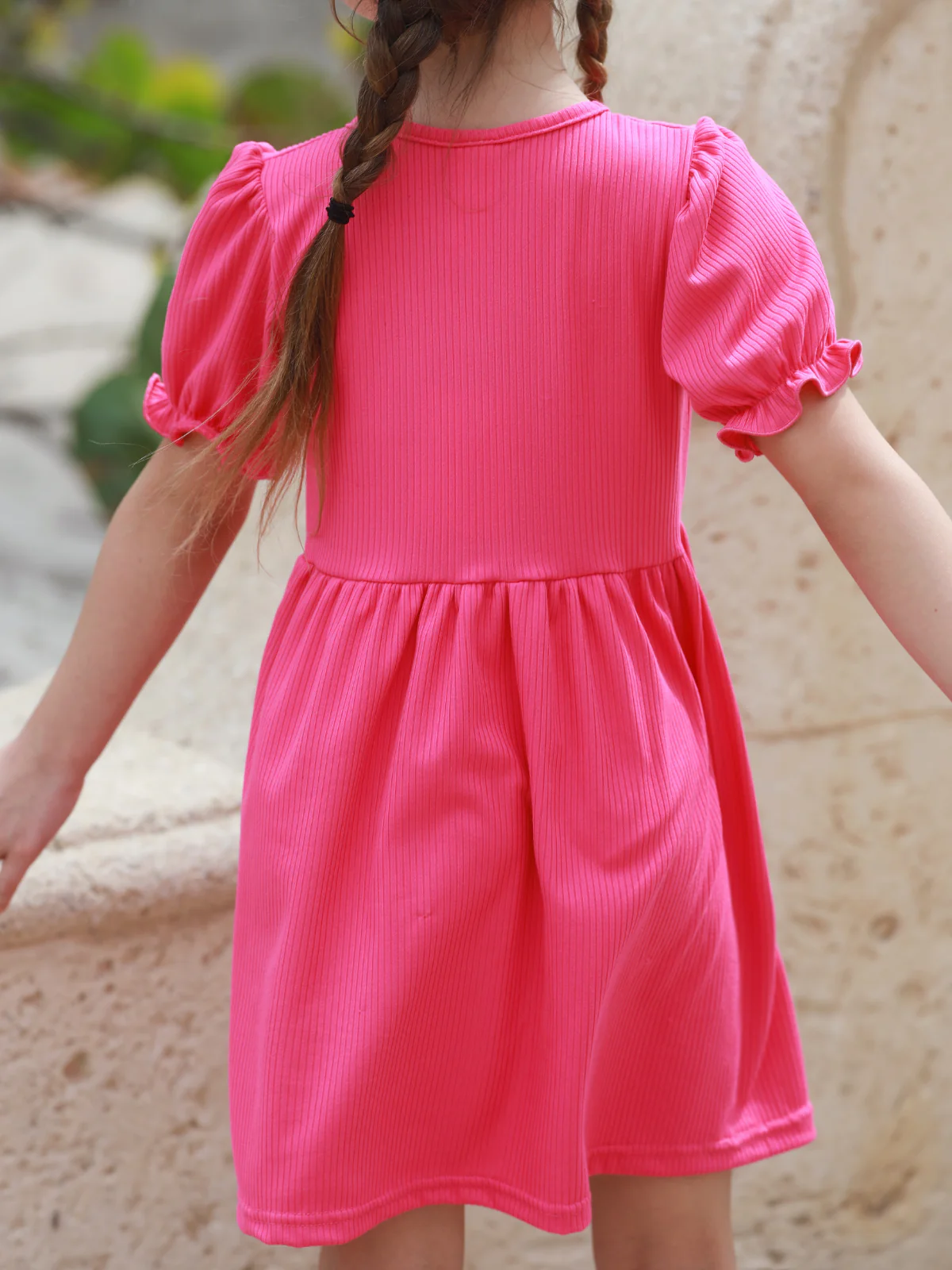 Fuchsia Ribbed Puff Sleeve Everyday Dress - Image 4