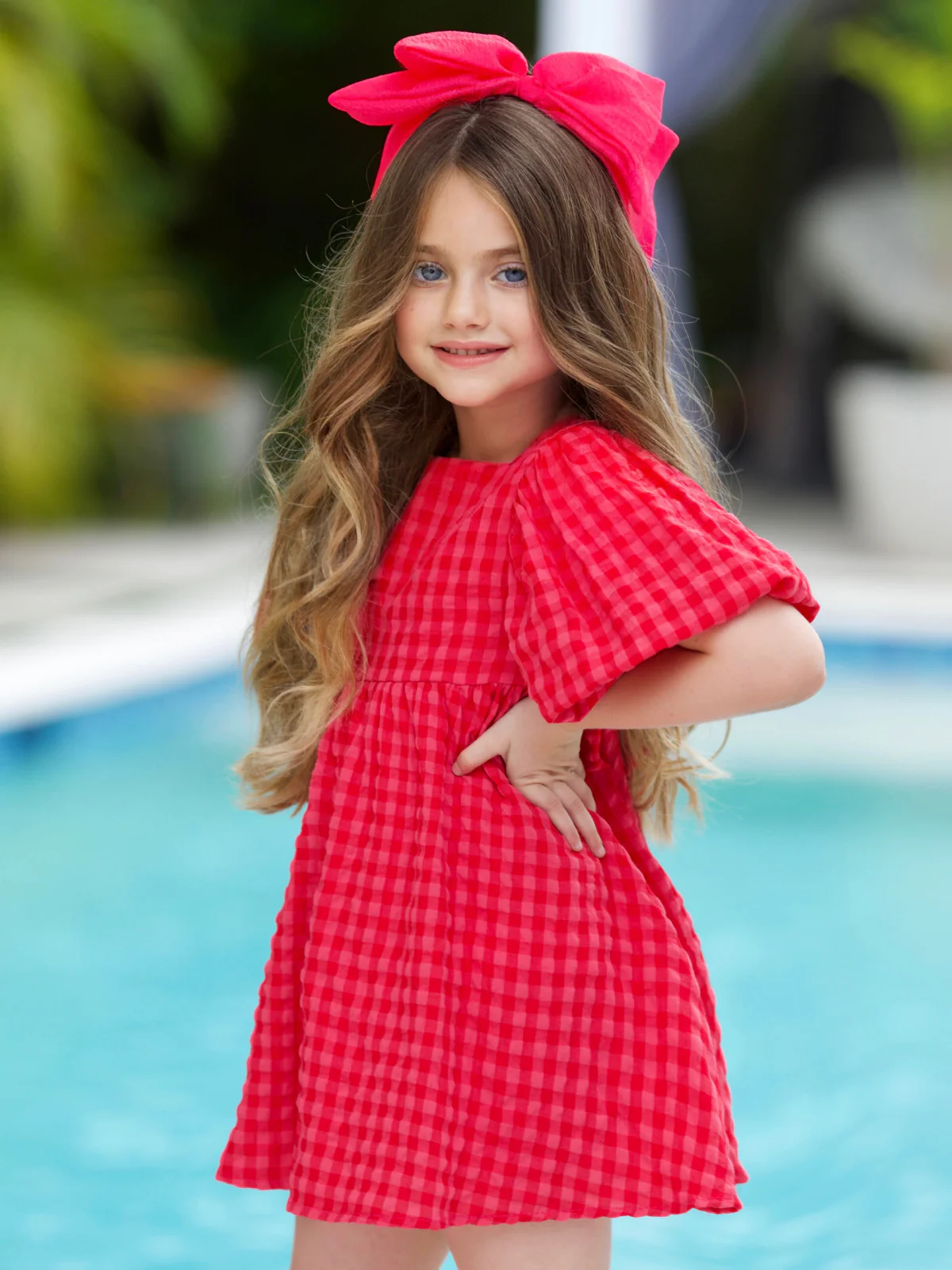 Gingham Puff Sleeve Aline Bow Dress - Image 2