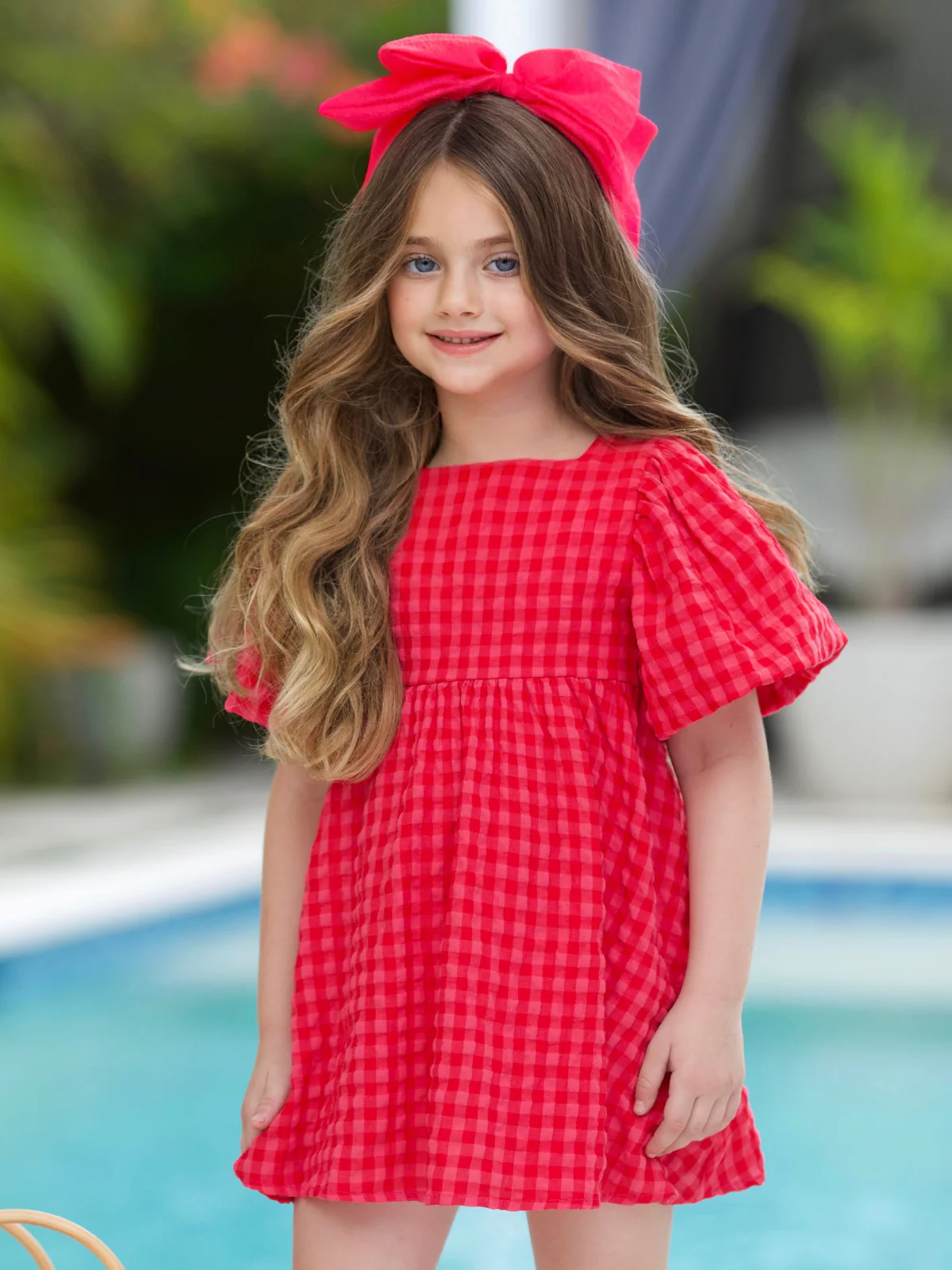 Gingham Puff Sleeve Aline Bow Dress - Image 4