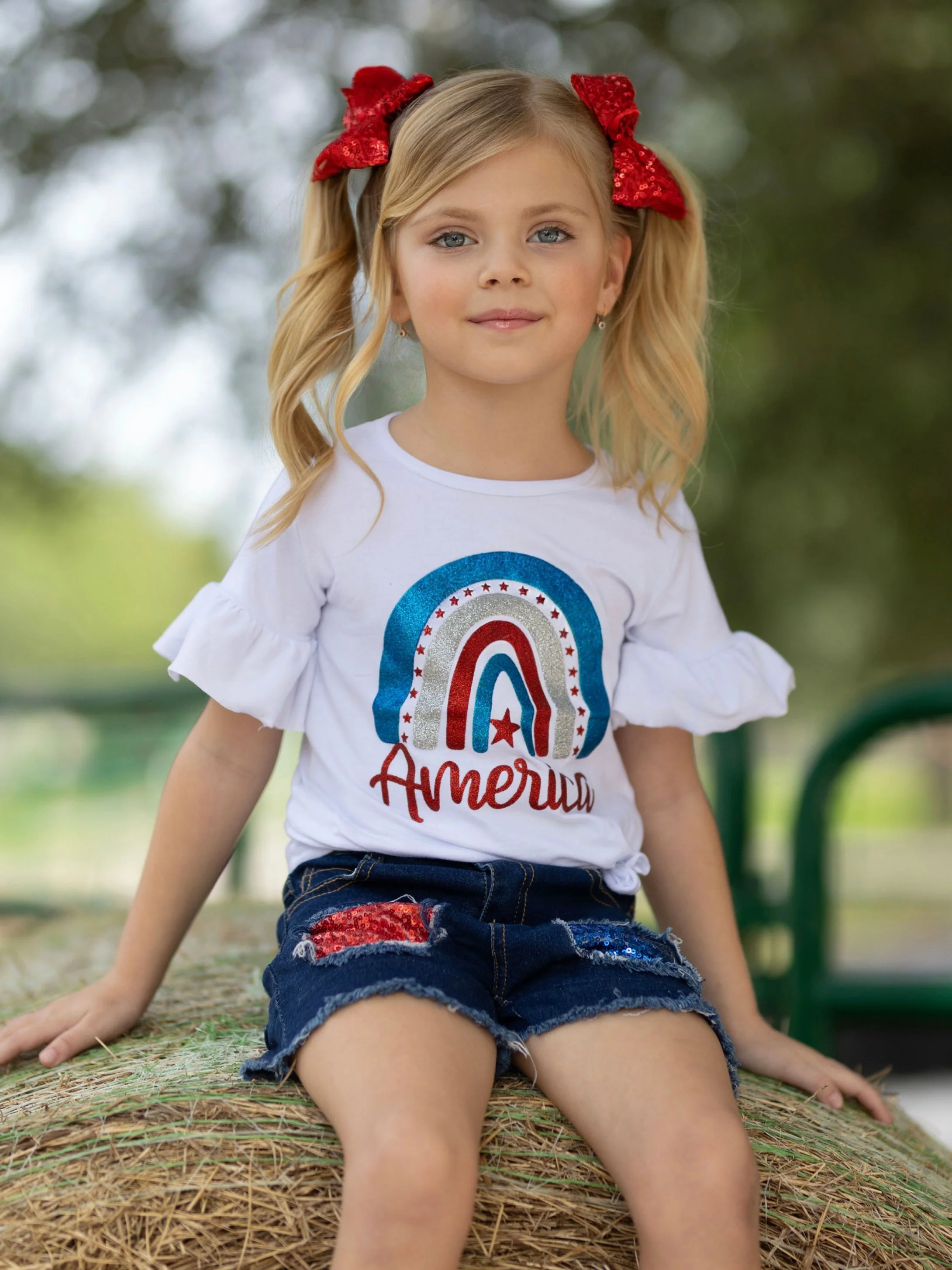 American Rainbow Sequin Denim Shorts Set - Image 4