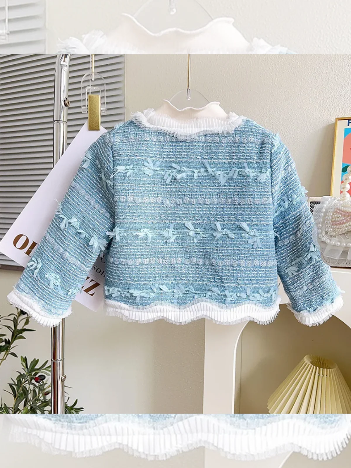 Girls Elegant Pearl Button-Up Tweed Jacket with Delicate Ruffle Trim - Image 2
