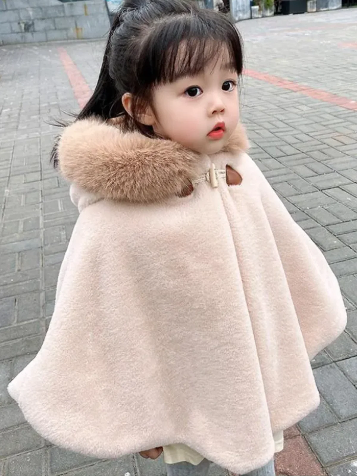 Girls Luxurious Plush Faux Fur Hooded Cape Coat - Image 3