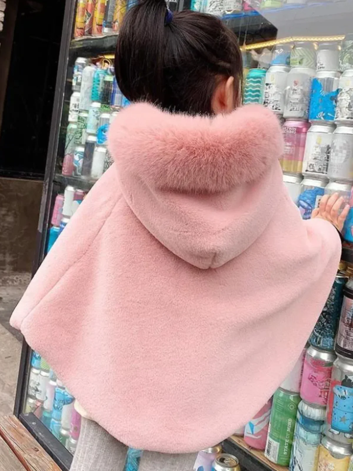 Girls Luxurious Plush Faux Fur Hooded Cape Coat - Image 4