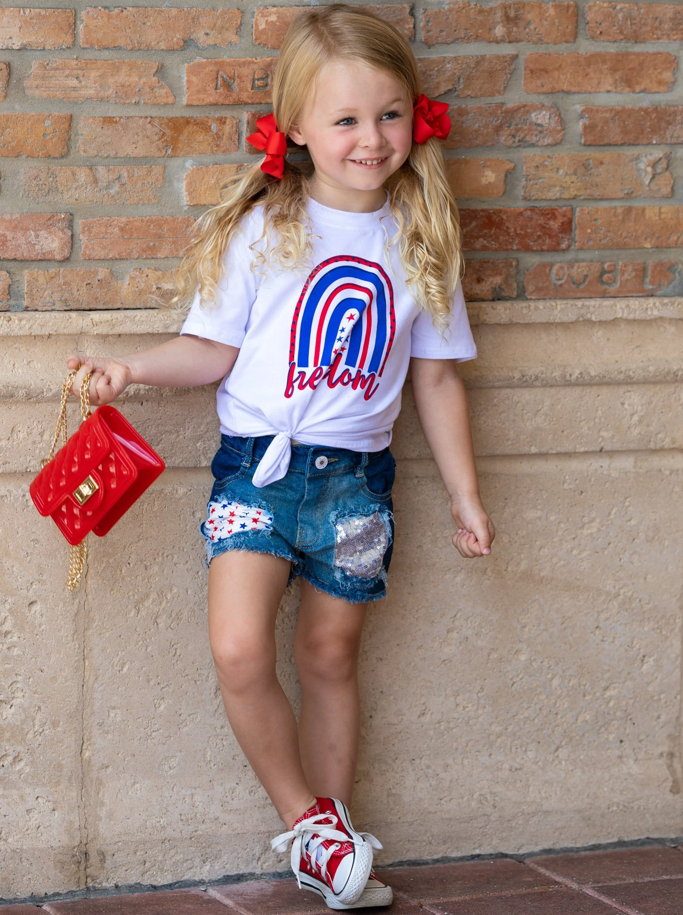 Freedom Rainbow Top and Sequin Denim Short Set - Image 2