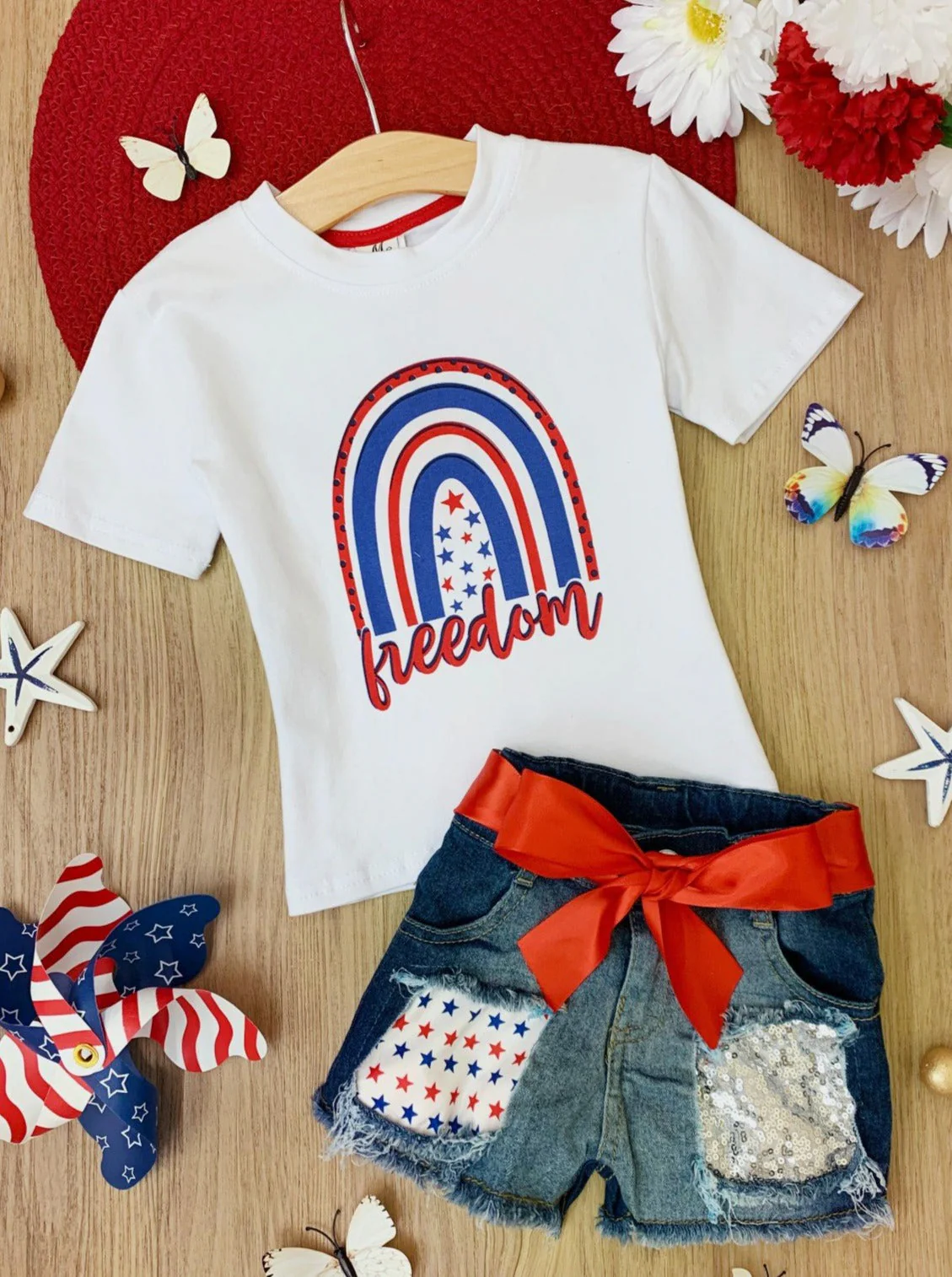 Freedom Rainbow Top and Sequin Denim Short Set - Image 3