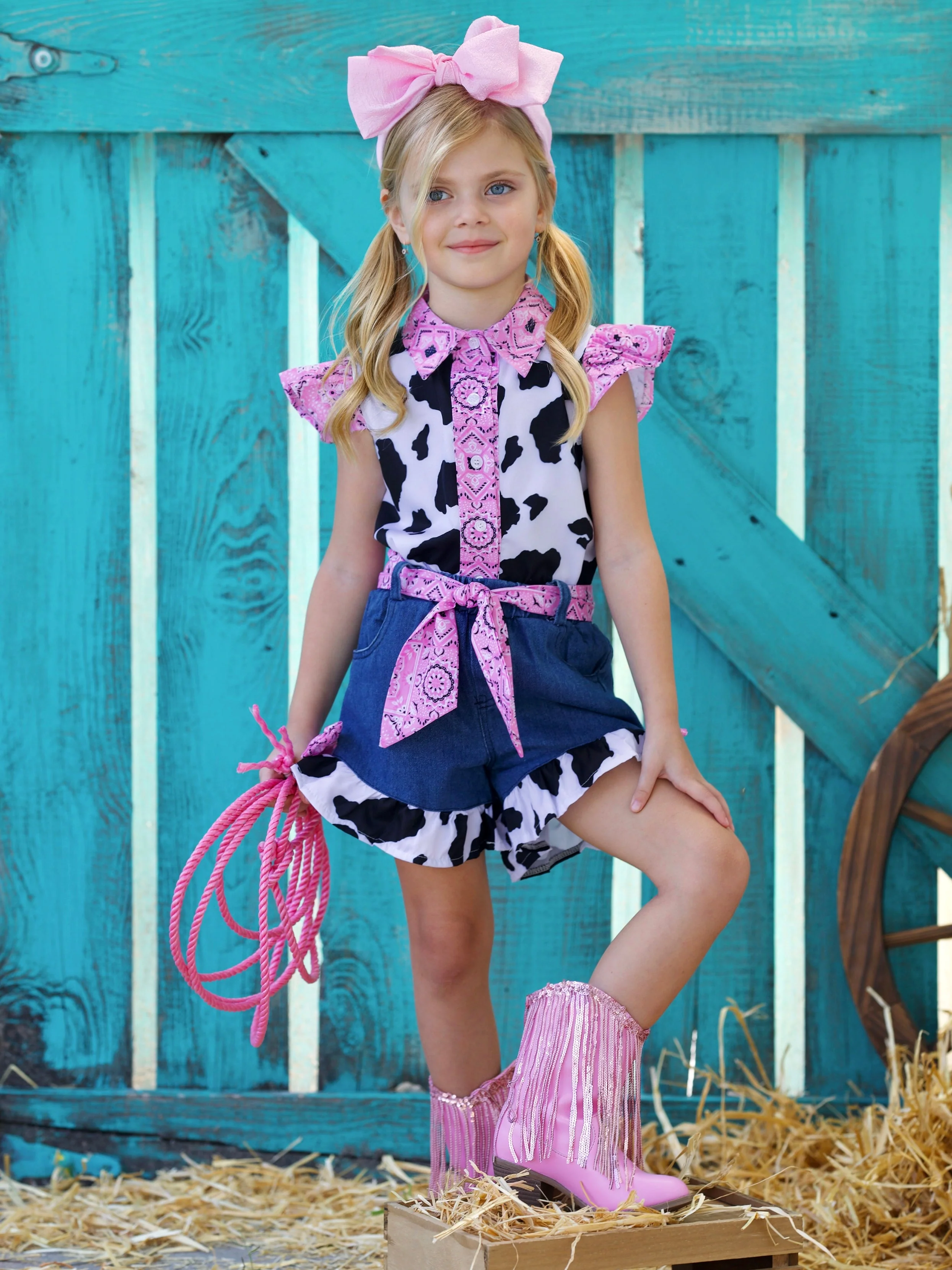 Rodeo Star Cow Print Denim Short Set - Image 3
