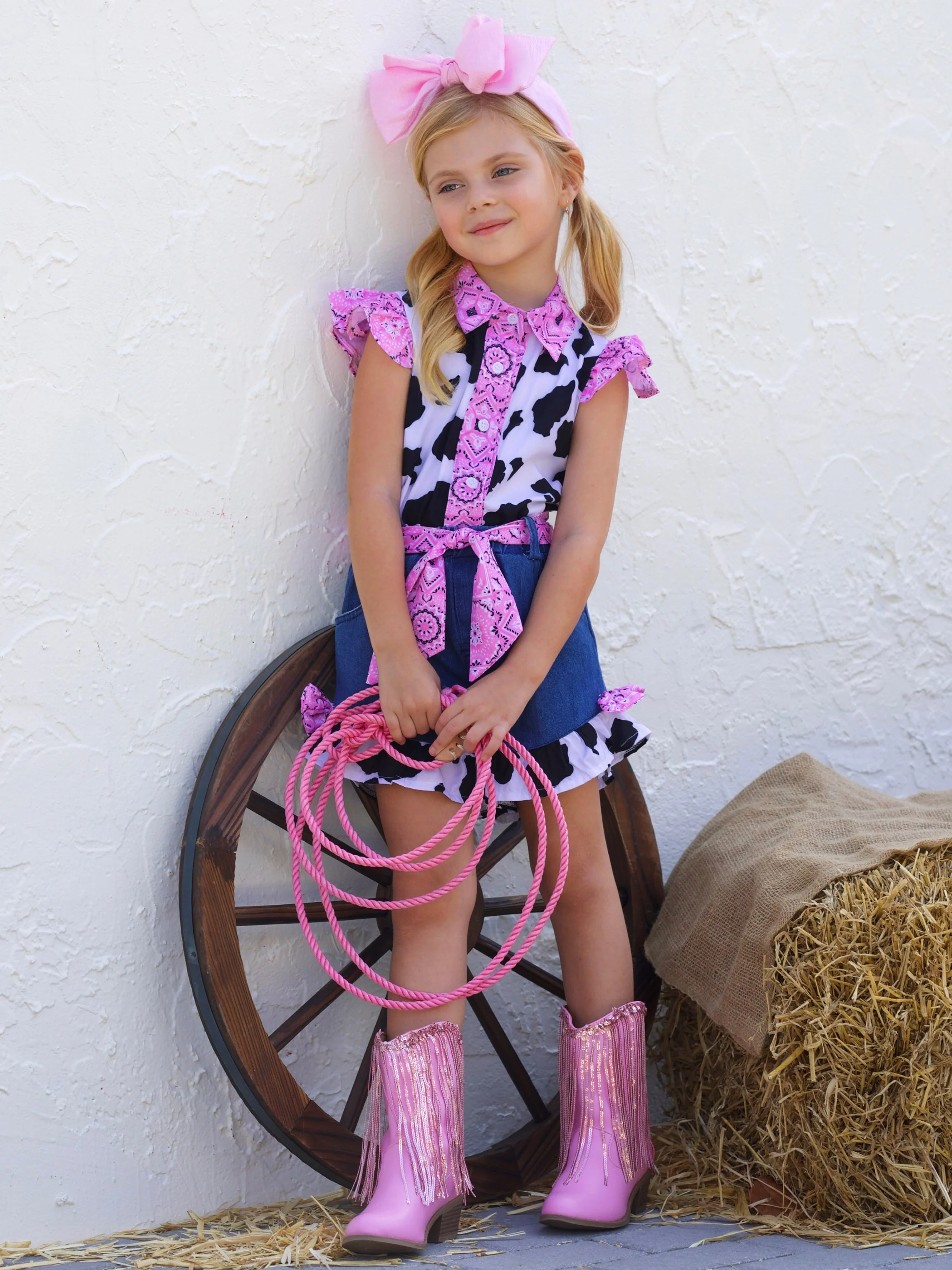 Rodeo Star Cow Print Denim Short Set - Image 4