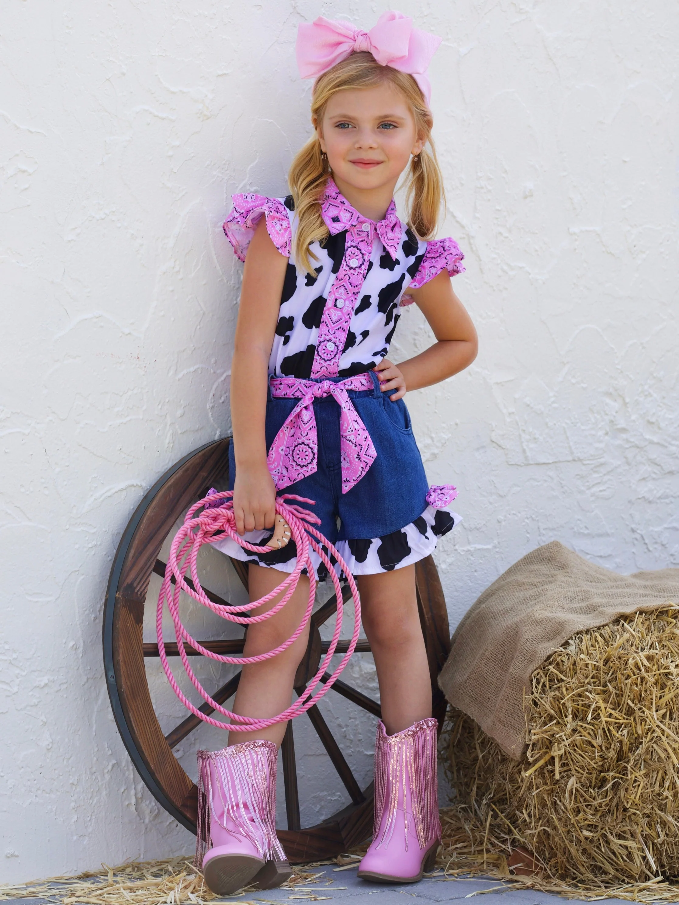 Rodeo Star Cow Print Denim Short Set - Image 6